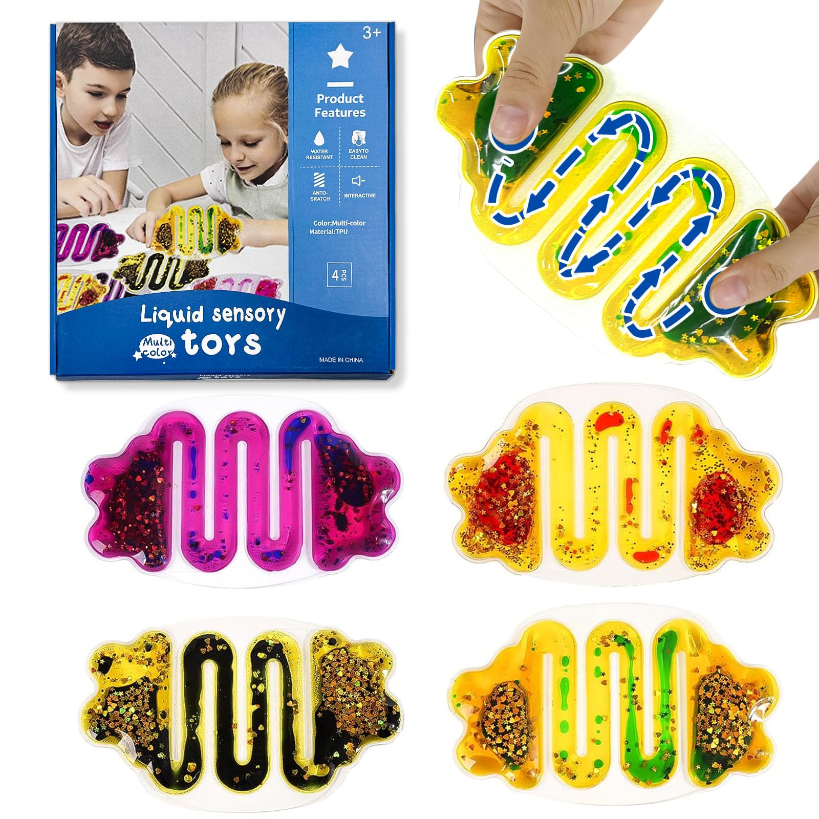 Squishy Tube Sensory Toys for Kids: Sensory Toys for Autistic Kids Glitter Sensory Squeeze Tube Anxiety Relief Toy for Ages 3 to Adults Easter Basket Christmas Stocking Stuffers 4-Pack Multi-Color