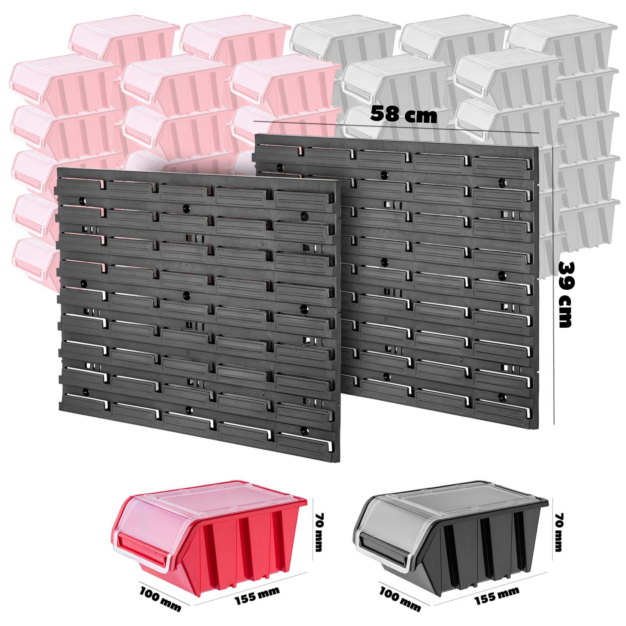 KADAX Estantería de pared para taller, 58 x 78 cm, sistema de almacenamiento de plástico resistente, resistente a los rayos UV, paneles de pared ampliables, estantería (negro y rojo, 50 piezas)