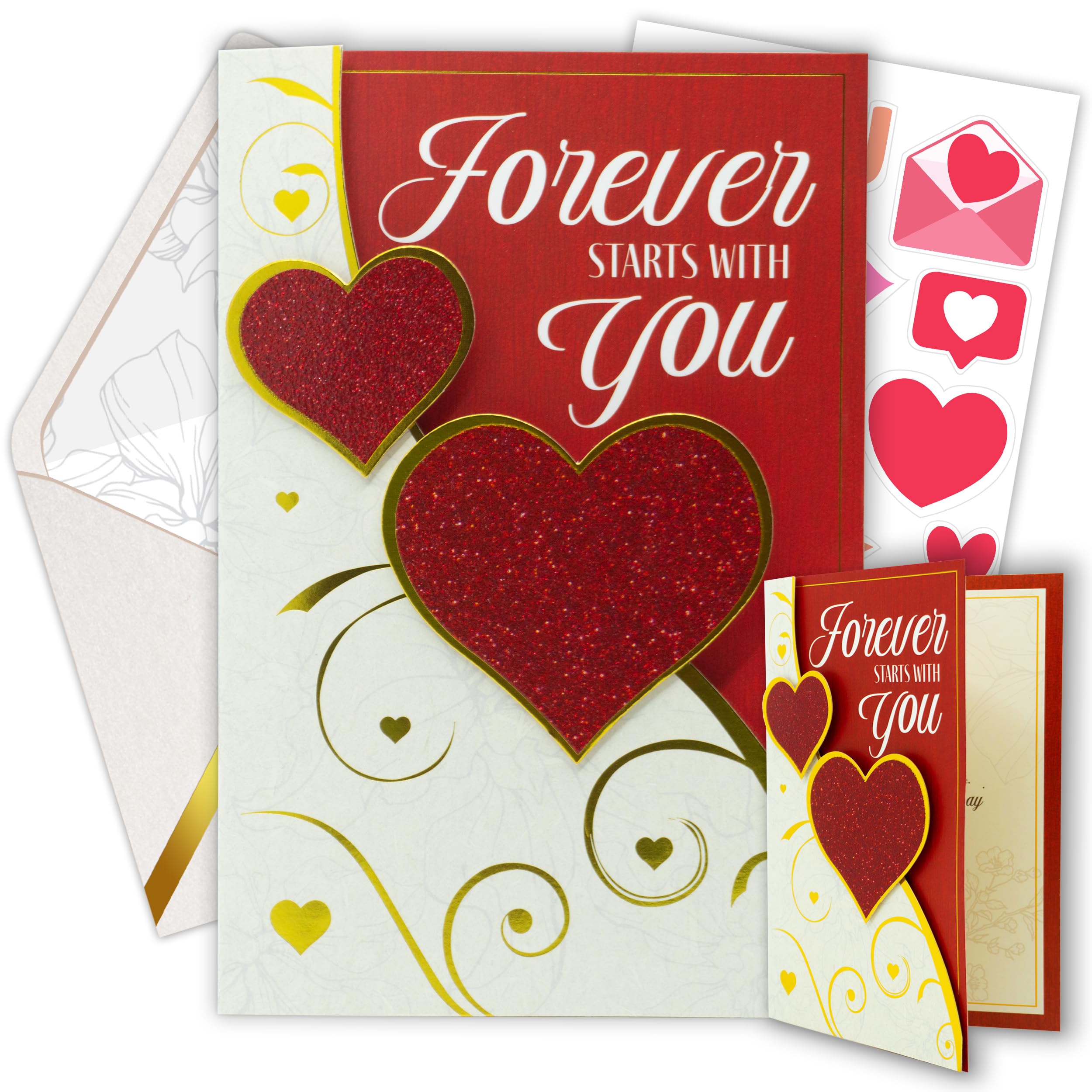 Decorably Foil & Glittery 5.5x8in Handmade Individual Valentines Day Card for Wife or Girlfriend with Heart Cutout, Envelope & Stickers for Romantic