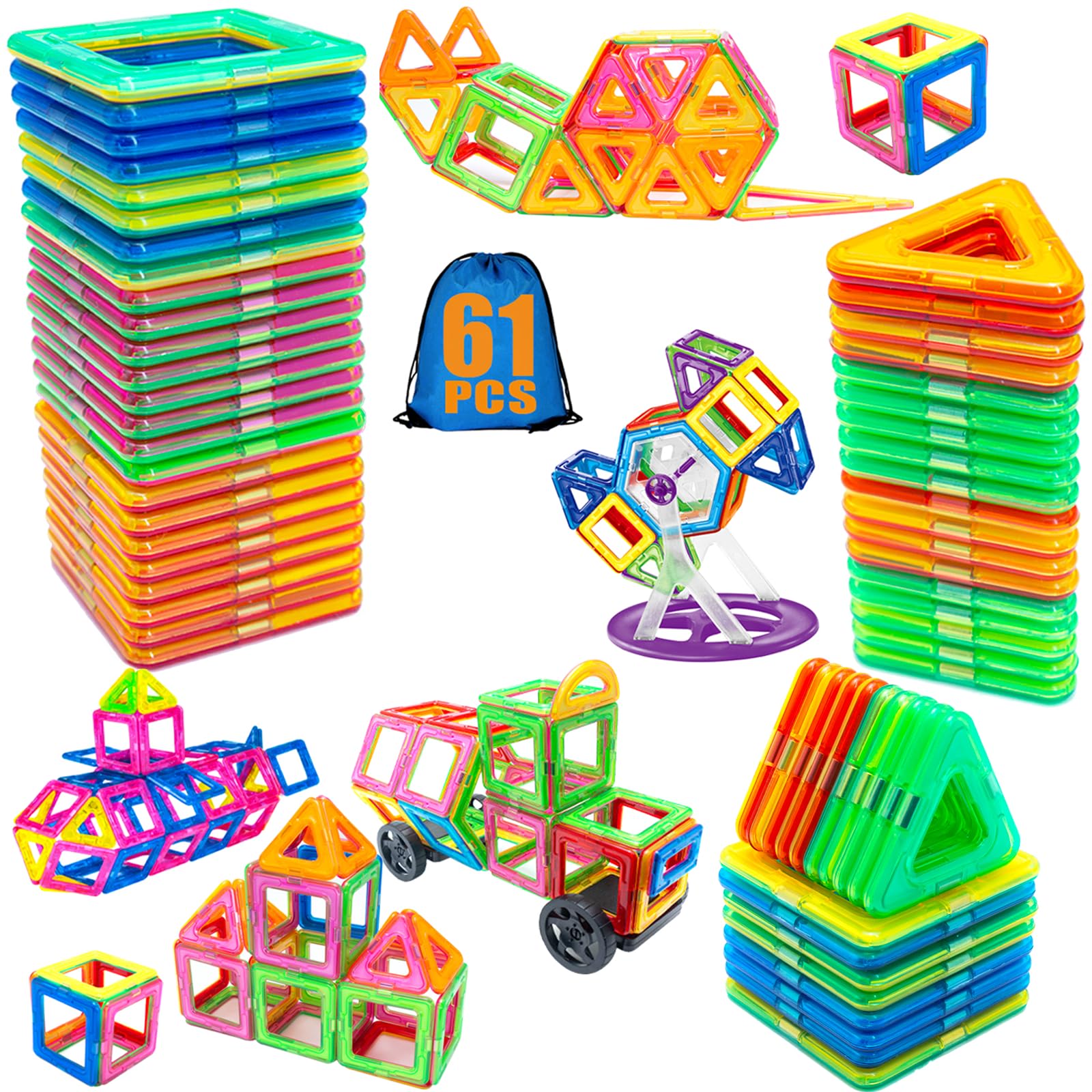 Dazhtu 61 Piezas Bloques de Construcción Magnéticos, Juguetes de Bloques de Construcción Magnéticos 3D, Juguetes Educativos para Juegos Magnéticos para Niños Niñas más de 3 años,Cumpleaños Regalos