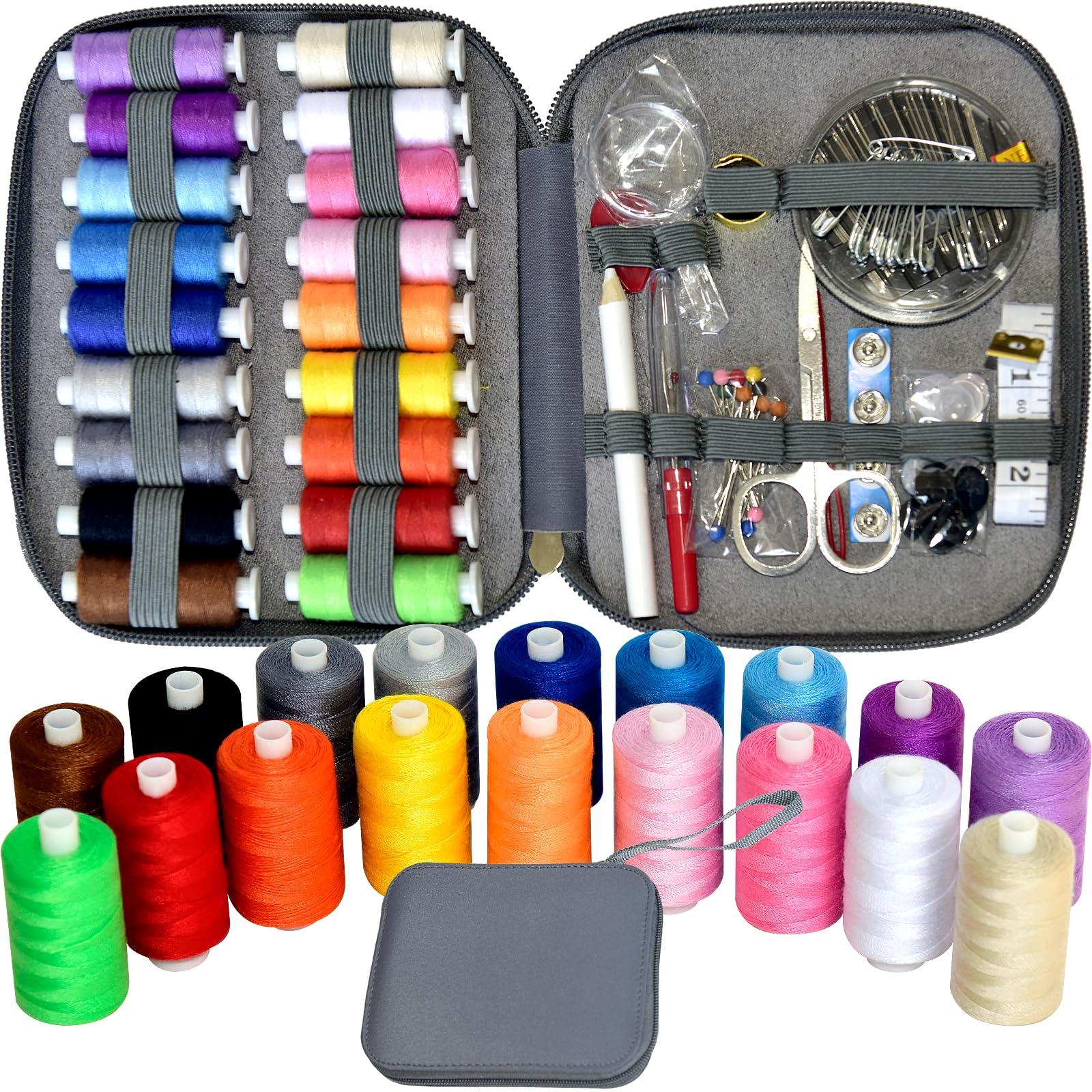 Sewing Kit with Case Portable Sewing Supplies for Home Traveler, Adults, Beginner, Emergency, Contains 18 Sewing Thread, Scissors, Needles, Measure etc (Grey