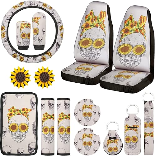 Juego de 15 fundas para asiento delantero de automóvil, diseño de girasol, diseño de girasol, funda para volante, almohadillas para cinturón de