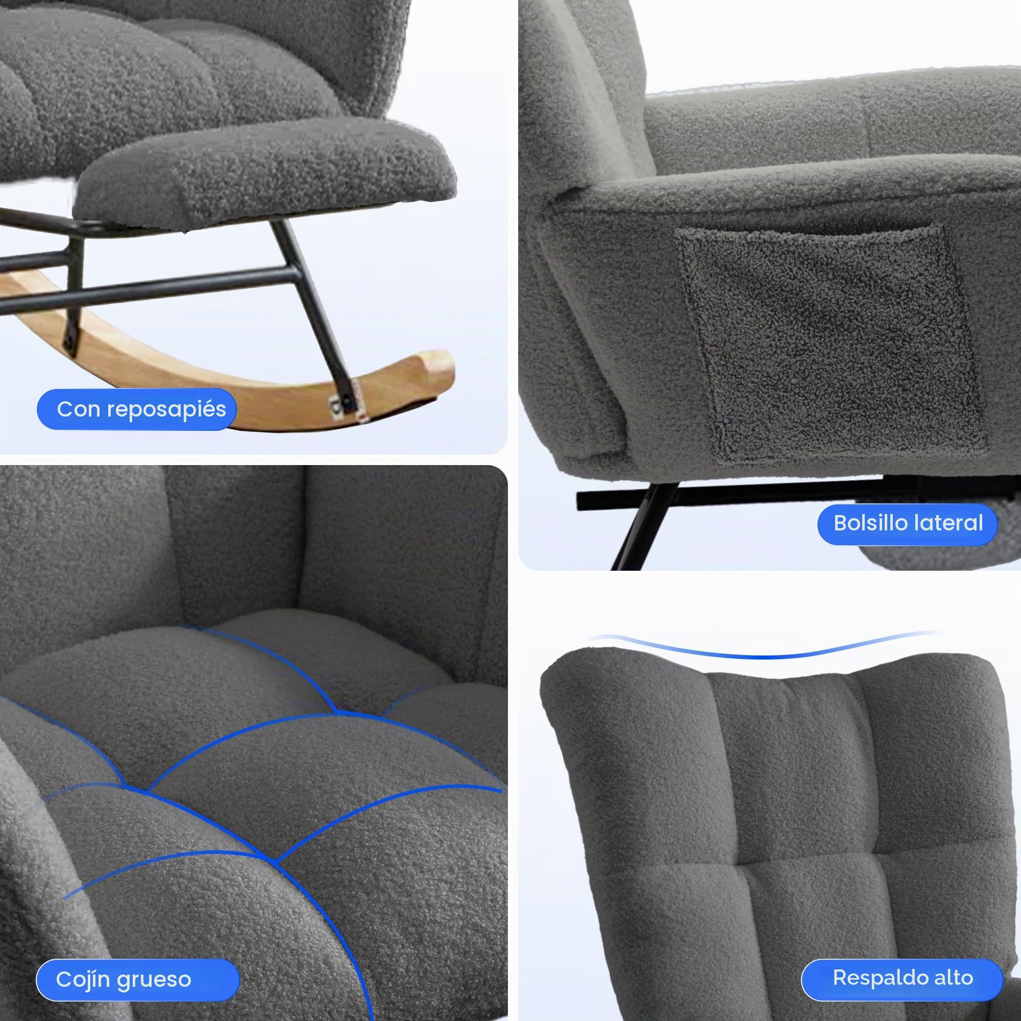 FLEXISPOT Silla Mecedora con Respaldo Alto y Reposapiés – Sillón Balancín Moderno con Patas de Madera, Sillón Acolchado para Salón y Dormitorio, Soporta hasta 120 kg, Gris