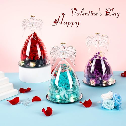 Miniatura 6 de Regalos para ella, figura de ángel de cristal con tres rosas, regalos de rosas reales preservadas para siempre, para mujeres, ángel guardián con