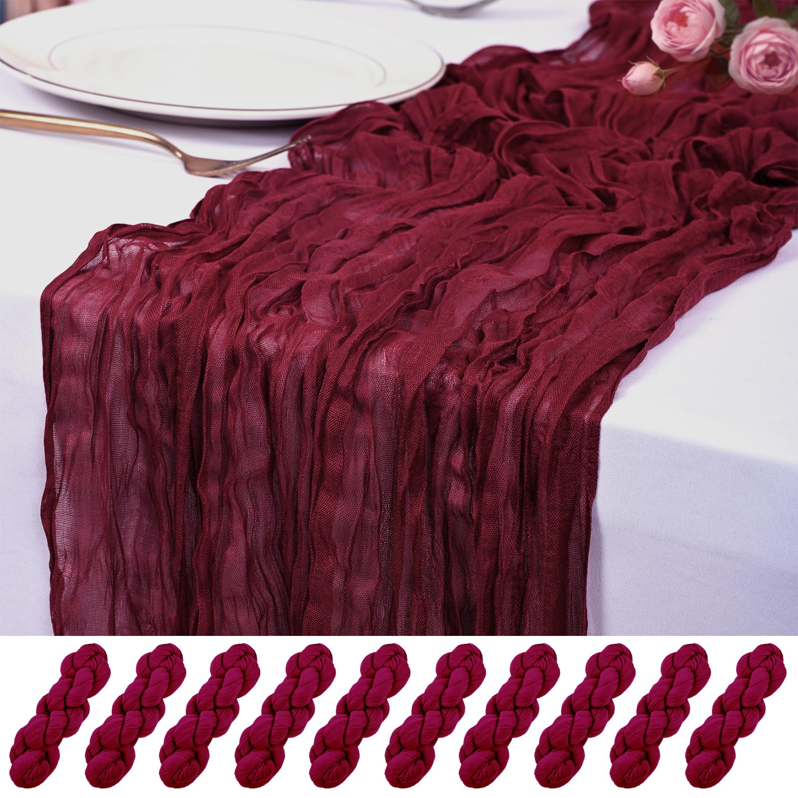 Photo 1 of 10 Pack Burgundy Cheesecloth Table Runner 17x108 Inch Semi Sheer Boho Rustic Gauze Cheese Cloth Table Runners for Wedding Party Birthday Baby Shower Home Décor