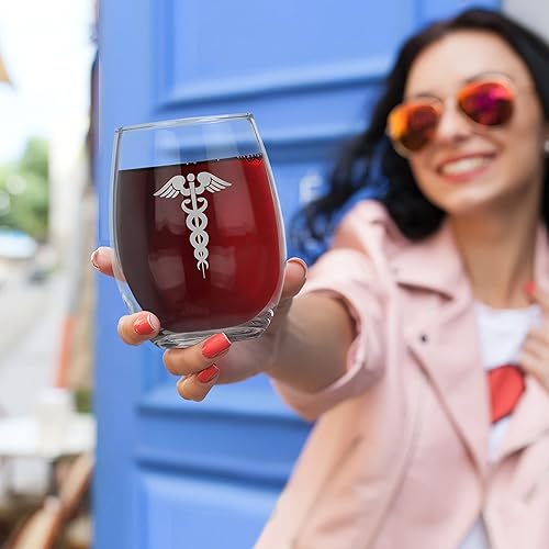 Miniatura 6 de Bad Bananas Don't Even Ask - Copa de vino sin tallo de 21 onzas con caduceo farmacéutico, regalo del Día Nacional del Médico para médicos,