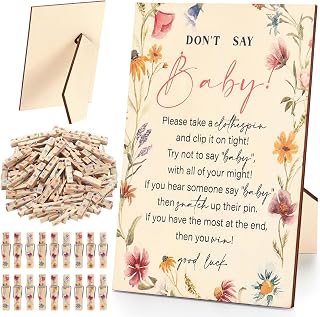 Weysat Baby Shower Games Supplies 1 Pcs Don't Say Baby Clothespin Game Wooden Tabletop Sign with Stand and 50 Mini Natural Clothespins Floral Themed Clothes Pins Gender Reveal Party Decoration