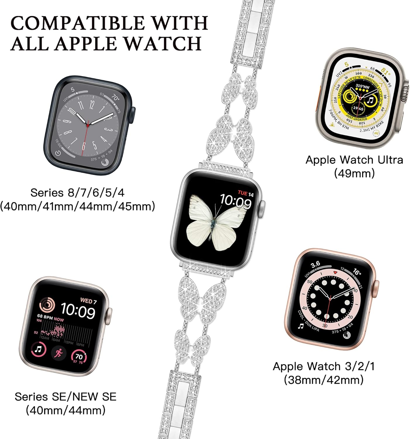 Butterfly Band Compatible with Apple Watch Band 40mm 41mm 42mm(S11/10) 38mm iWatch SE Series 11 10 9 8 7 6 5 4 3 Bands, Slim Cute Metal Bands for Women, Fancy Bling Dressy Diamond Strap-Silver - Image 3