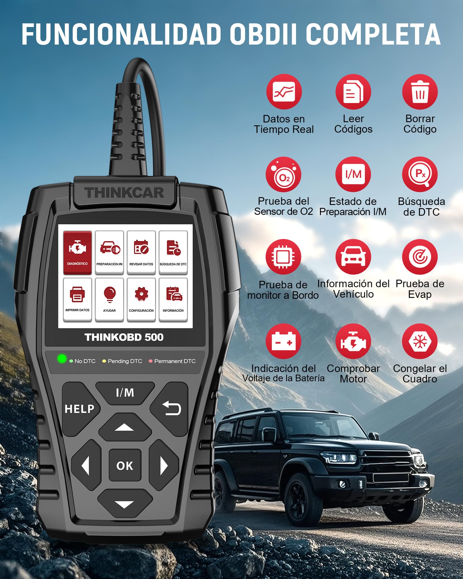 OBD2 Diagnosis, ThinkOBD 500 Diagnosis Coche Multimarca con Sistema del Motor, Diagnosis Coche Multimarca para Protocolos OBDII/EOBD, Verificación de Smog/Prueba EVAP/Apague MIL...