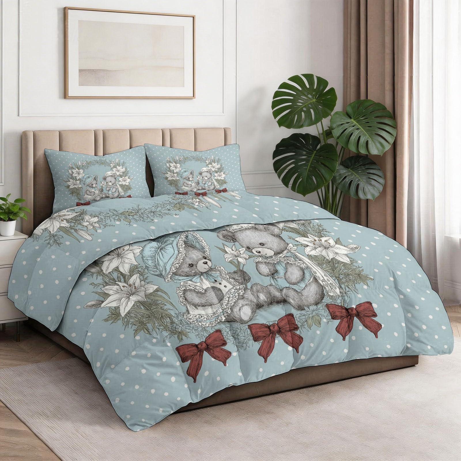 4 Jahreszeiten Bettdecken 200 x 220 cm mit Kissenbezug 80x80cm, Klassisch Retro Blumen Lilie Teddybär Microfaser Ganzjahresdecke, Atmungsaktiv Leicht Waschbar Steppdecke, Blau