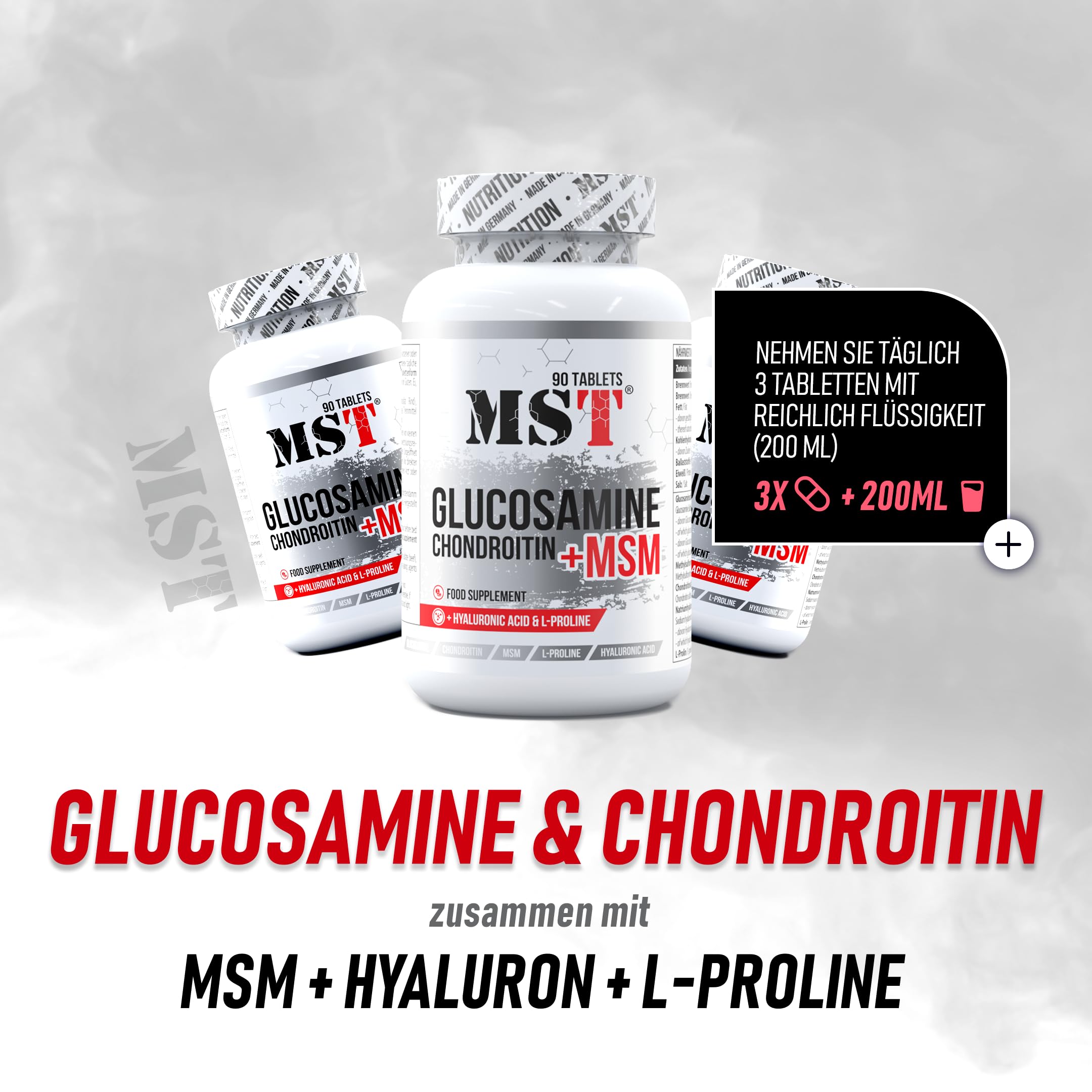 Glucosamin Chondroitin MSM + Hyaluronsäure + L-Proline | 90 Tabletten | MST NUTRITION MADE IN GERMANY |