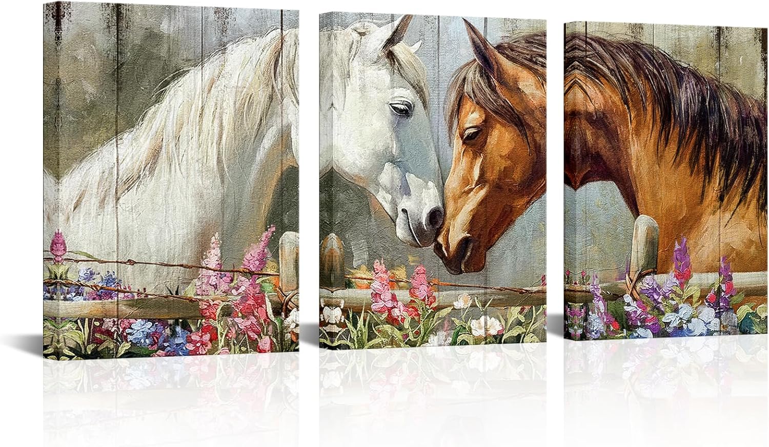 SkenoArt White and Bay Horse Canvas Wall Art Horse with Wild Flowers Pictures Painting Print Artwork Farmhouse Animal Wall Art for Living Room Bathroom Office Wall Decoration Ready to Hang