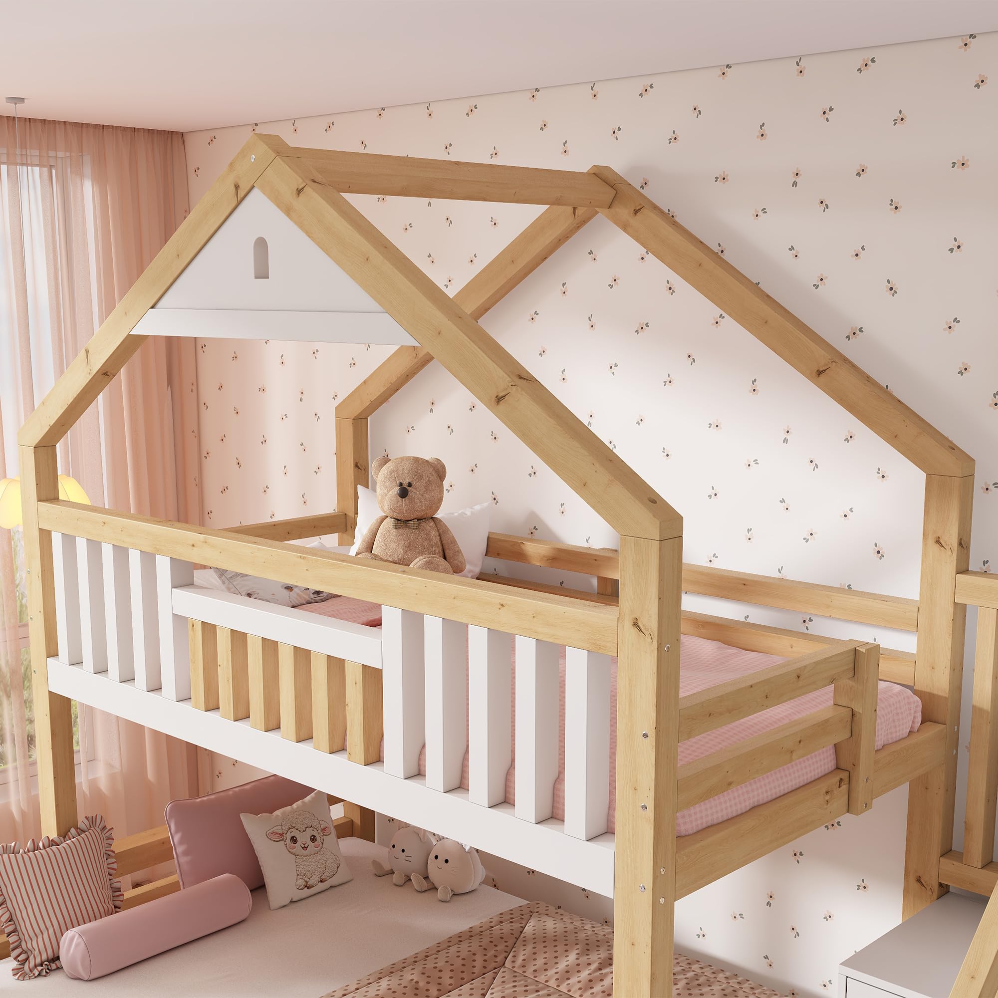 Shye Litera de madera con escalera, 2 cajones, techo a dos aguas, cama familiar, color blanco y roble (sin colchón)