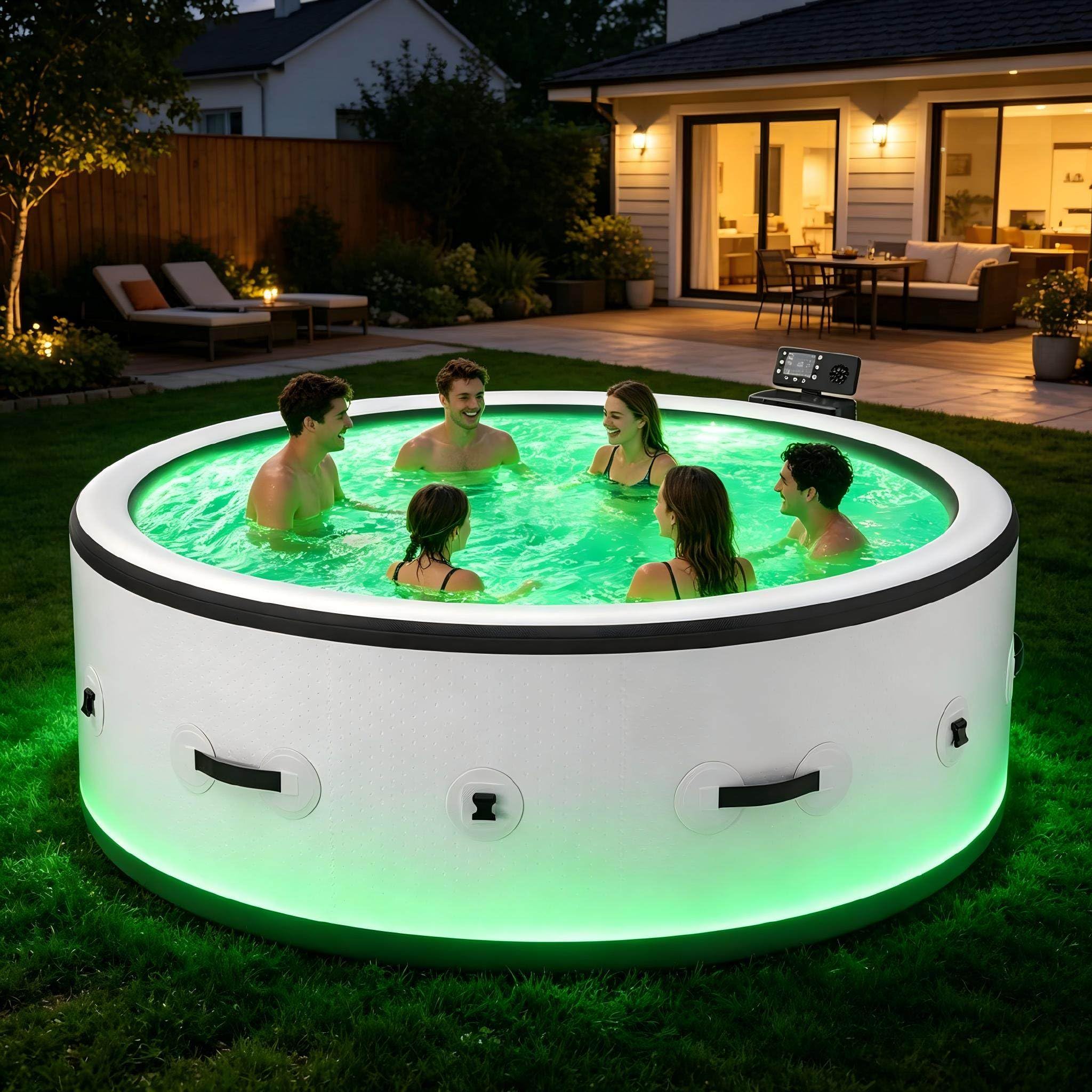 4-6 posti Whirlpool Spa Bubble Massage Bicolore Bianco-Nero - Formato Rotondo massaggianti, Riscaldamento integrato, Copertura Isolante, Volume1722l, Ø206 x H71 cm，6 Effetti Luminosi, Max 40°C