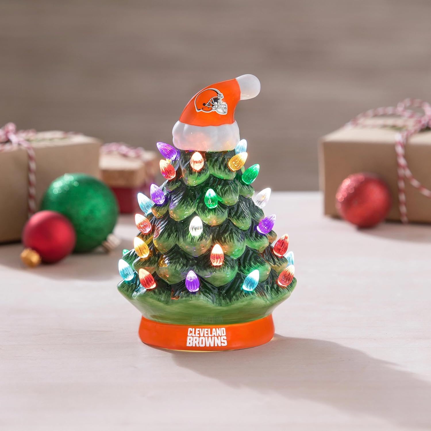 NFL Cleveland Browns Ceramic Christmas Trees That Light Up | 8" LED Vintage Christmas Tree | Officially Licensed Team Logo | Tabletop Decorations for Home