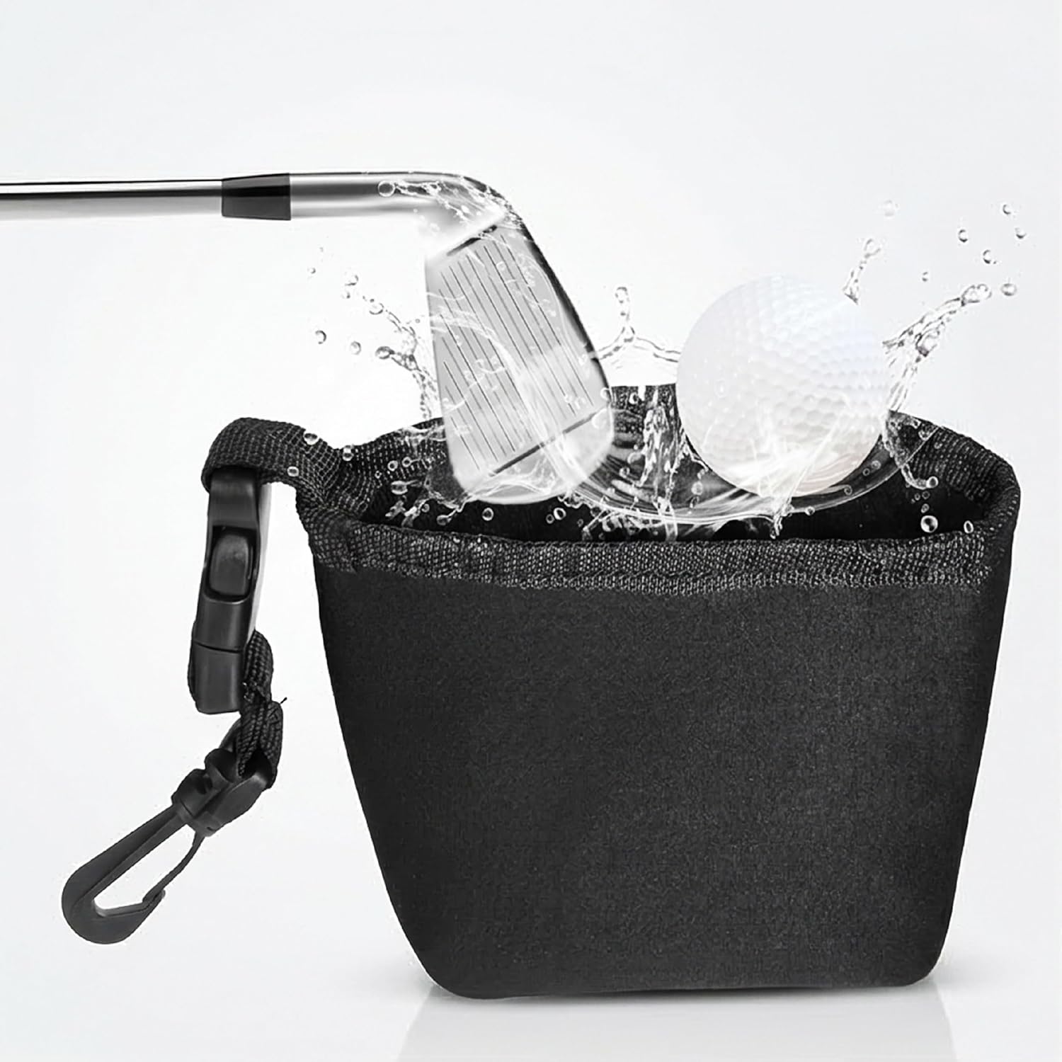2 Pack Golf Ball Cleaner Pouch with Waterproof Liner, Portable Golf Club Cleaner Washer Bag with Carabiner Clip, Black Polyester Pocket Golf Ball Washer Holder for Men Women Golfers Accessories Gift
