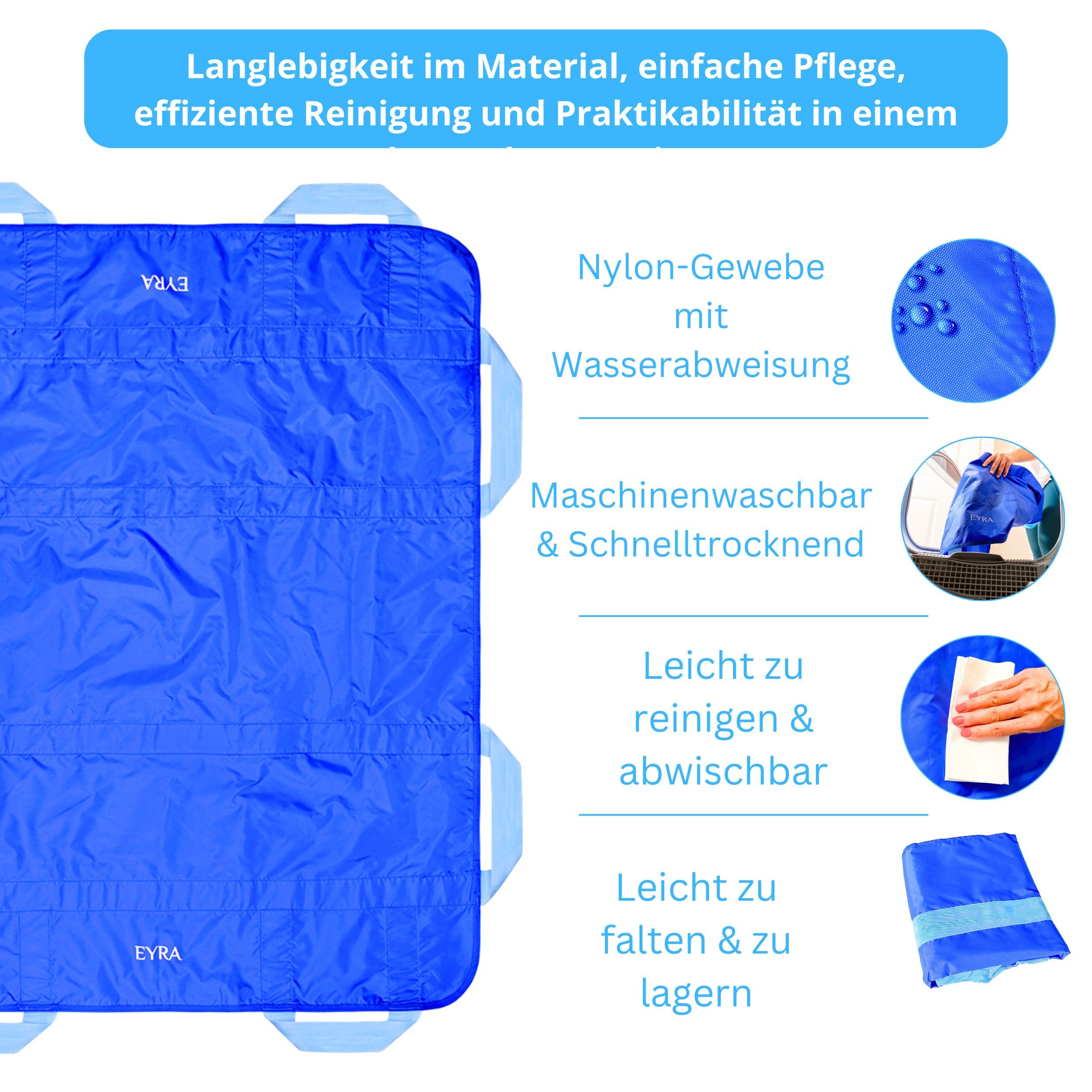 EYRA Patienten-Gleittuch 122×102 cm mit 8 Griffen – Transferlaken & Positionierungshilfe für Pflege, Senioren & Betttransfer – Waschbar, Wiederverwendbar, Belastbar bis 180 kg