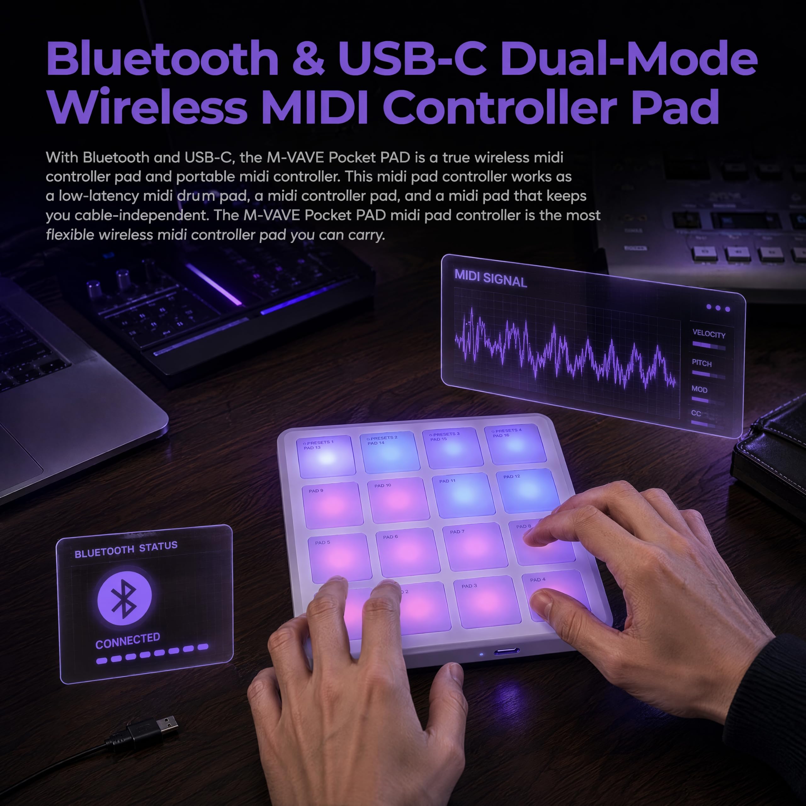 M-VAVE SMC-PAD Pocket PAD - Controlador inalámbrico MIDI de tambor, 16 almohadillas RGB sensibles a la velocidad con Aftertouch, almohadilla MIDI portátil, recargable, repetición de notas, para DAW