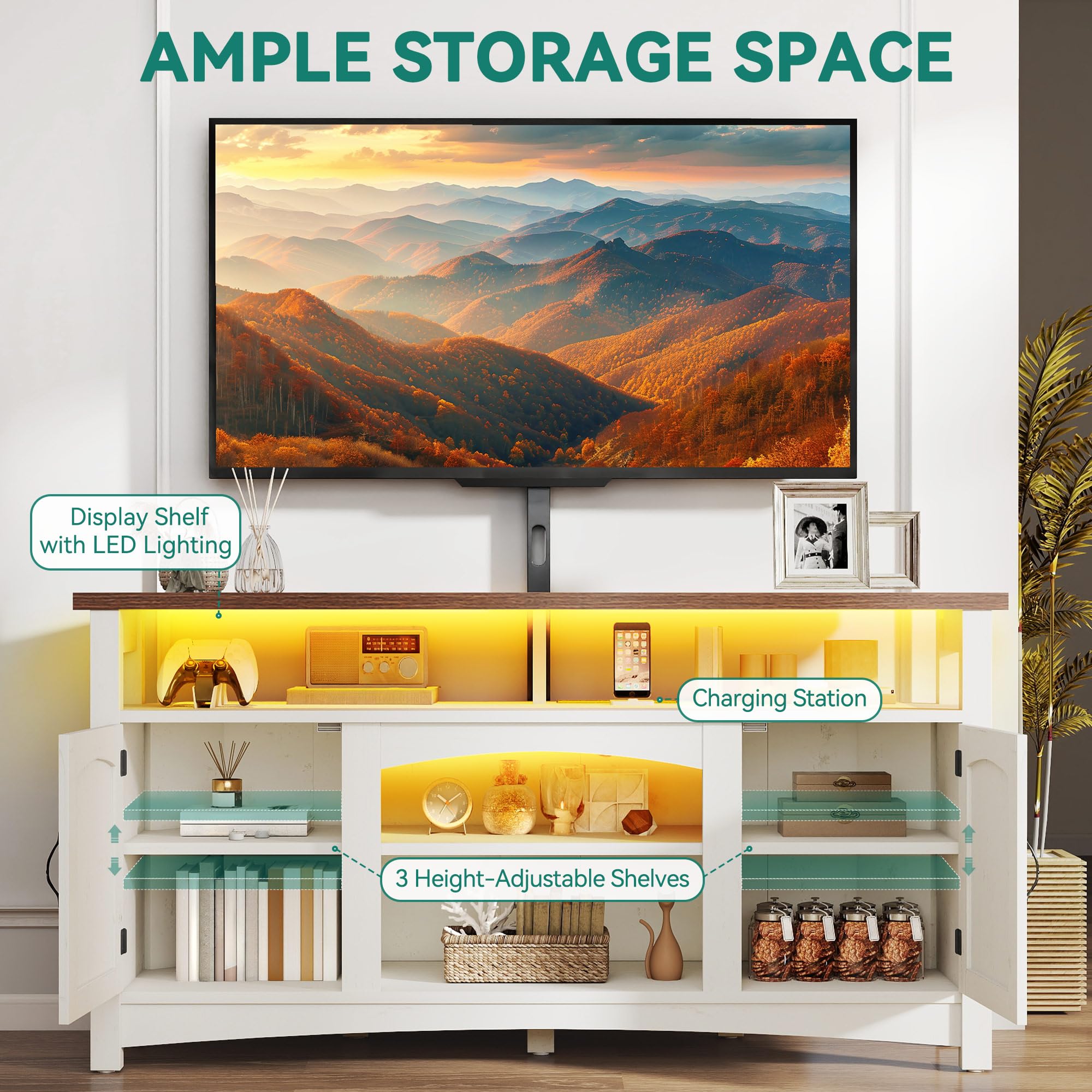 YITAHOME Farmhouse TV Stand for 75/70 Inch TV Entertainment Center with TV Mount, LED TV Stand for Living Room with Storage & Power Outlets, Walnut & Warm White