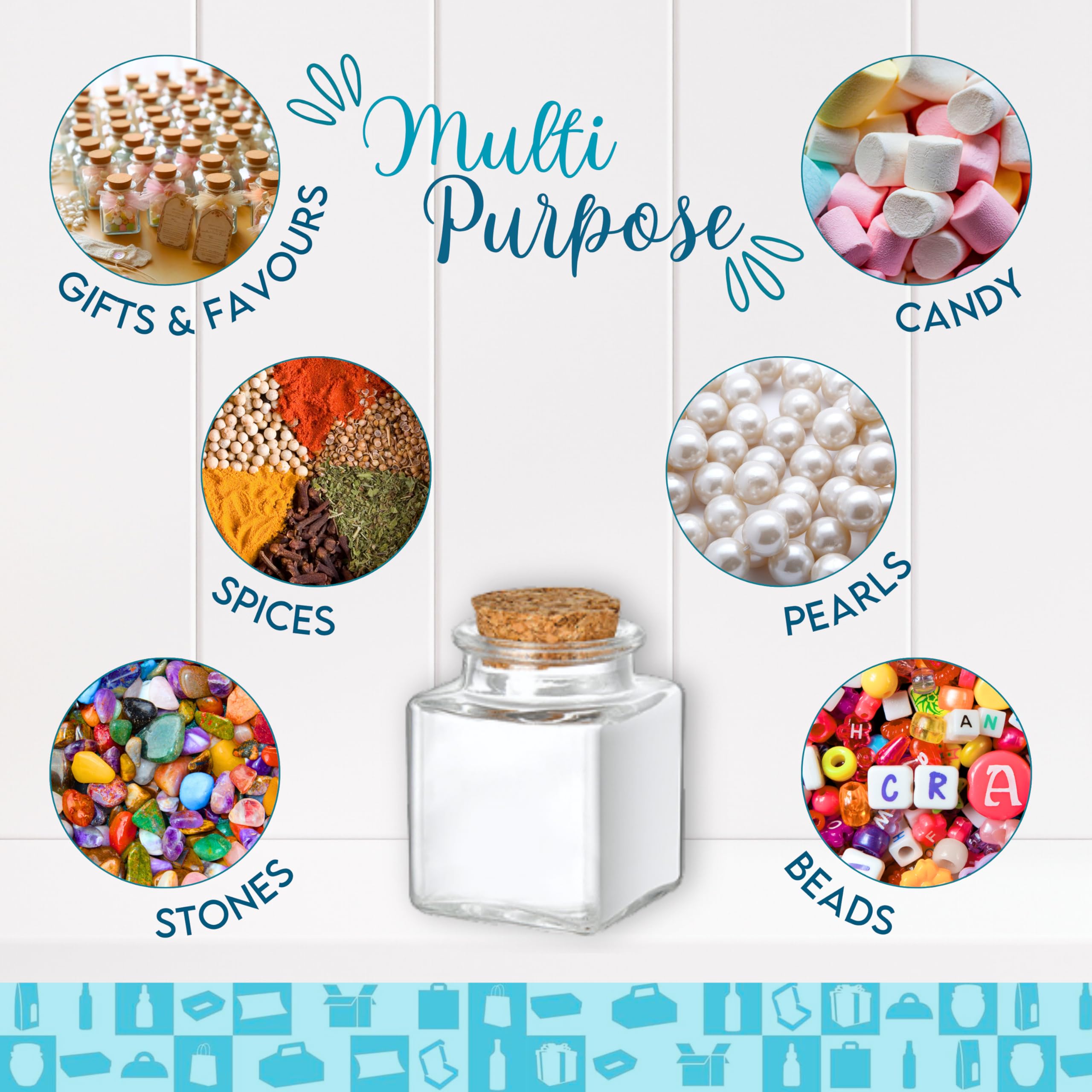Espirito Rebelde 20 x Quadratisches Glas für Gewürze, 40 ml, mit Korkverschluss + 20 Kraftkartons + 20 Etiketten für Kraftpapier + Juteschnur, Vorratsgläser, Gewürze, Marmelade, Joghurt, 20 Stück