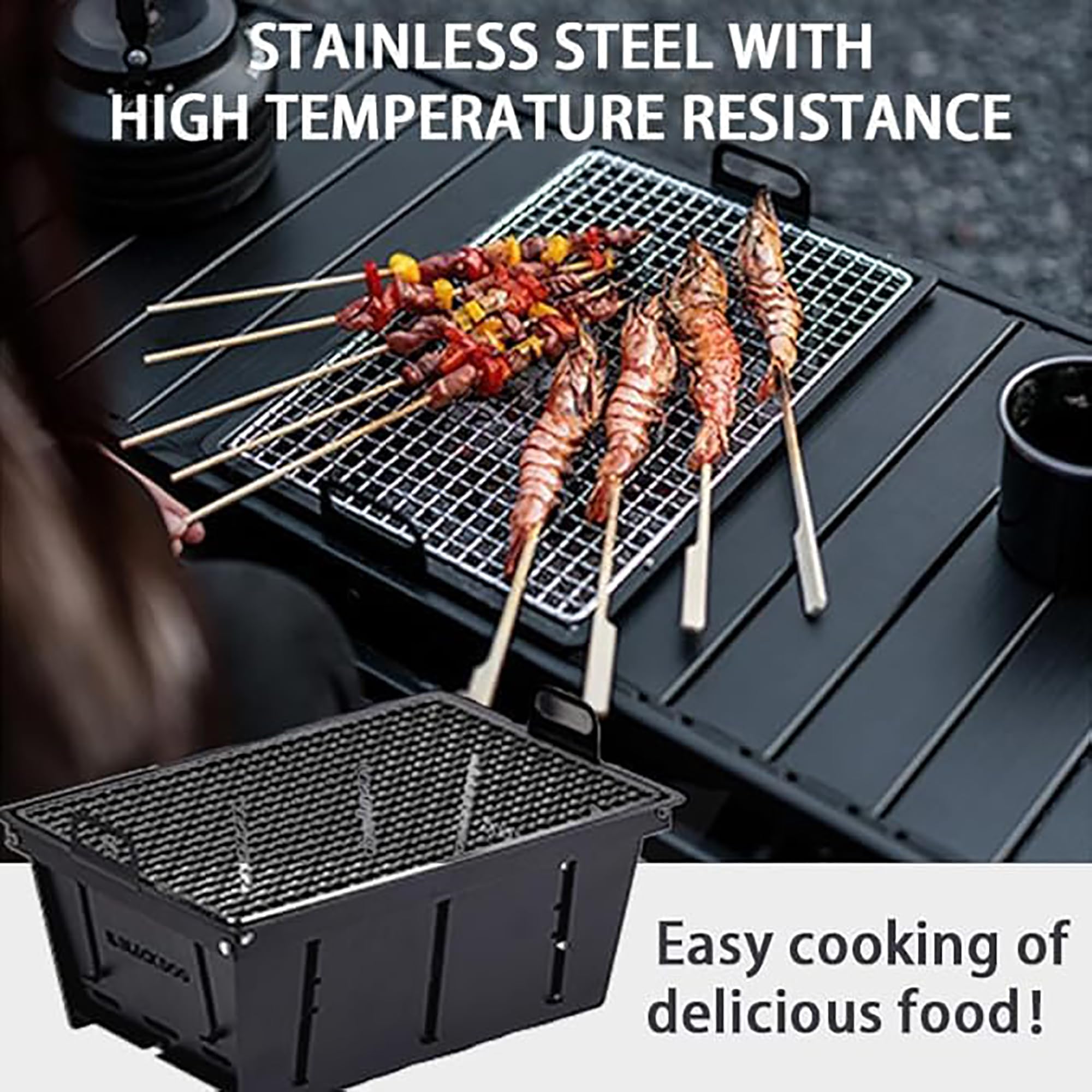 Blackdog tragbarer kleiner Grill, Outdoor-Holzkohlegrill aus Edelstahl, für IGT-Esstisch, einfache Einrichtung für Outdoor-Grillen, Camping, Reisen, Picknicks, Garten, Strandparty, Schwarz