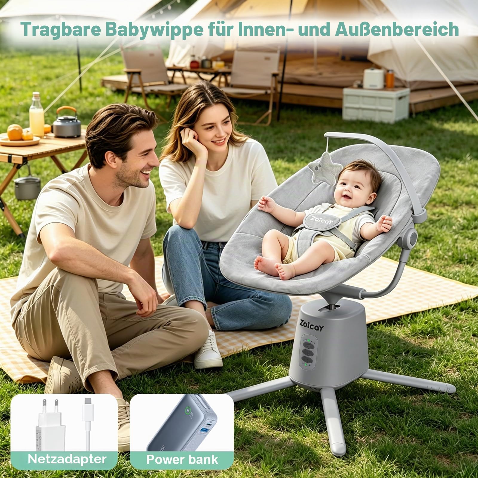 Babywippe Elektrisch mit 3 Modus 5 Tempo für Neugeborenes 0-9 Monate (Grau) | Babywippe 5-Punkt-Gurt Verstellbare Sitz Babyschaukel Fernbedienung Bluetooth Steuerung Timing und Musik Funktion