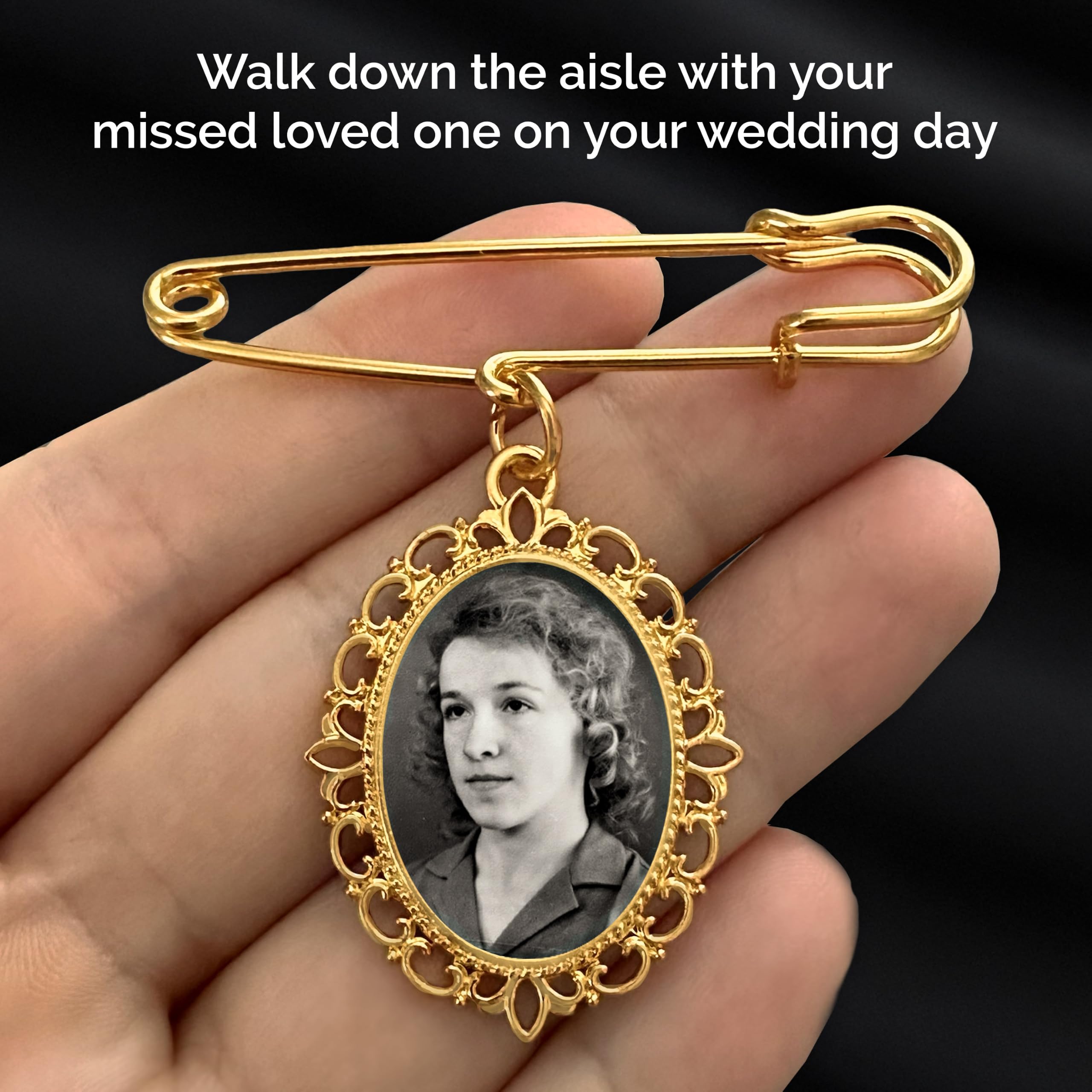 Goldener Hochzeitsstrauß, Foto-Charm-Anstecknadel für Brautstrauß oder Ansteckblumen, Gedenkstätte für Mutter, Vater der Braut oder des Bräutigams, Hochzeitszubehör