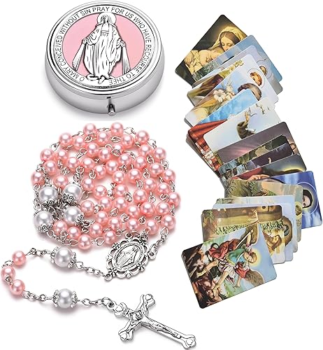 Miniatura 13 de Rosario de perlas de vidrio católico para mujeres, medalla de la Virgen María, rosario de primera comunión para niñas con caja de regalo milagrosa
