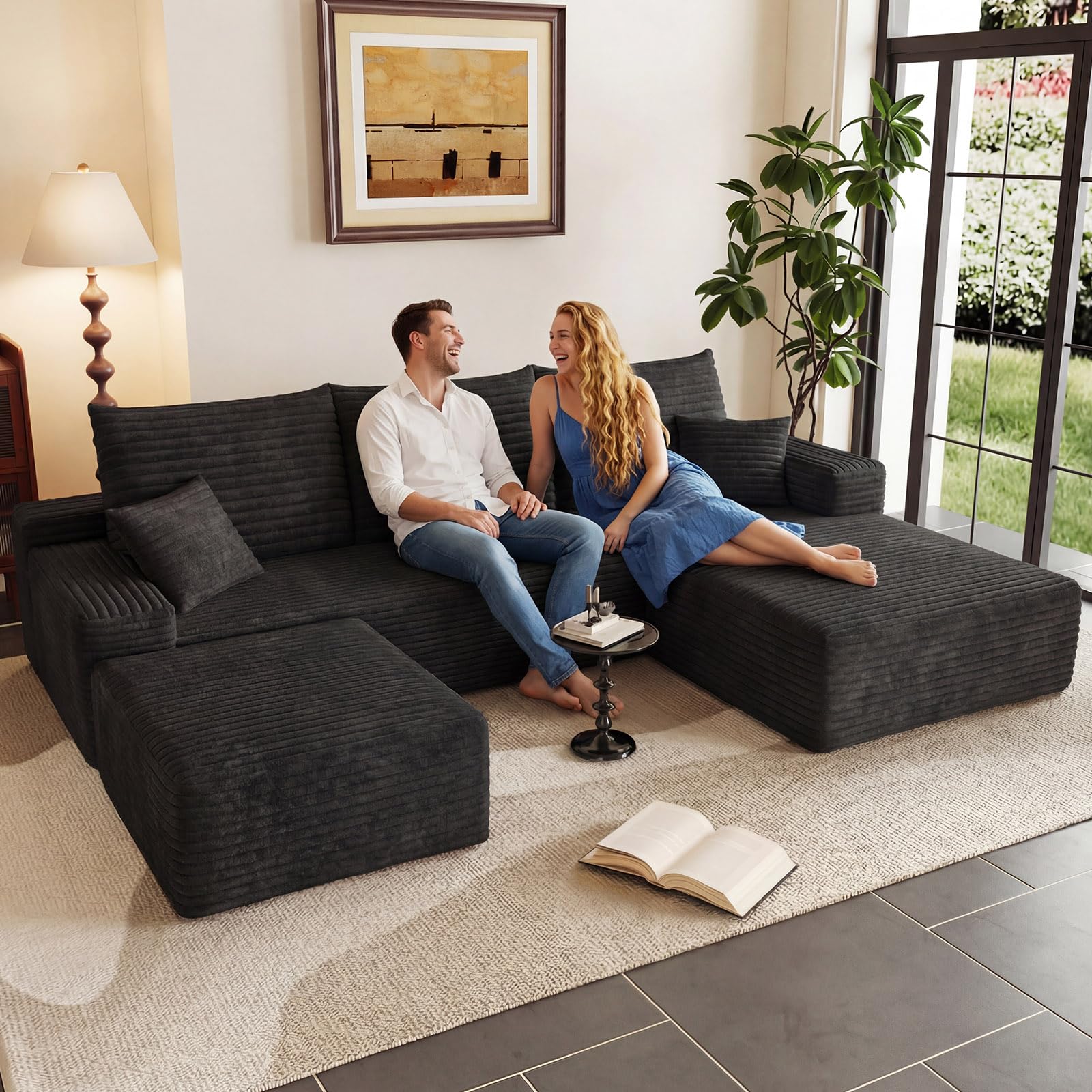 95 U-Shape Cloud Couch Modern Modular Sectional L-Shape Sofa with Ottoman Corduroy Upholstered Couches Deep Seat Sleeper Chaise