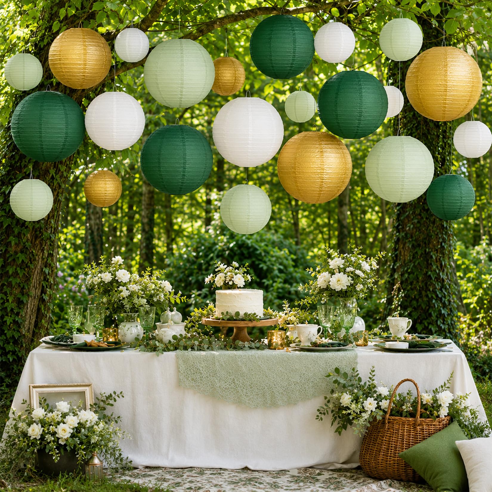 20 Stück Papierlampions Salbeigrün, Runde Papierlaternen Deko Wiederverwendbar Gerippter Lampions Outdoor Salbeigrün Papier Lampions für Hochzeit Geburtstag Gartenparty (Ø 15/20/25/30cm)