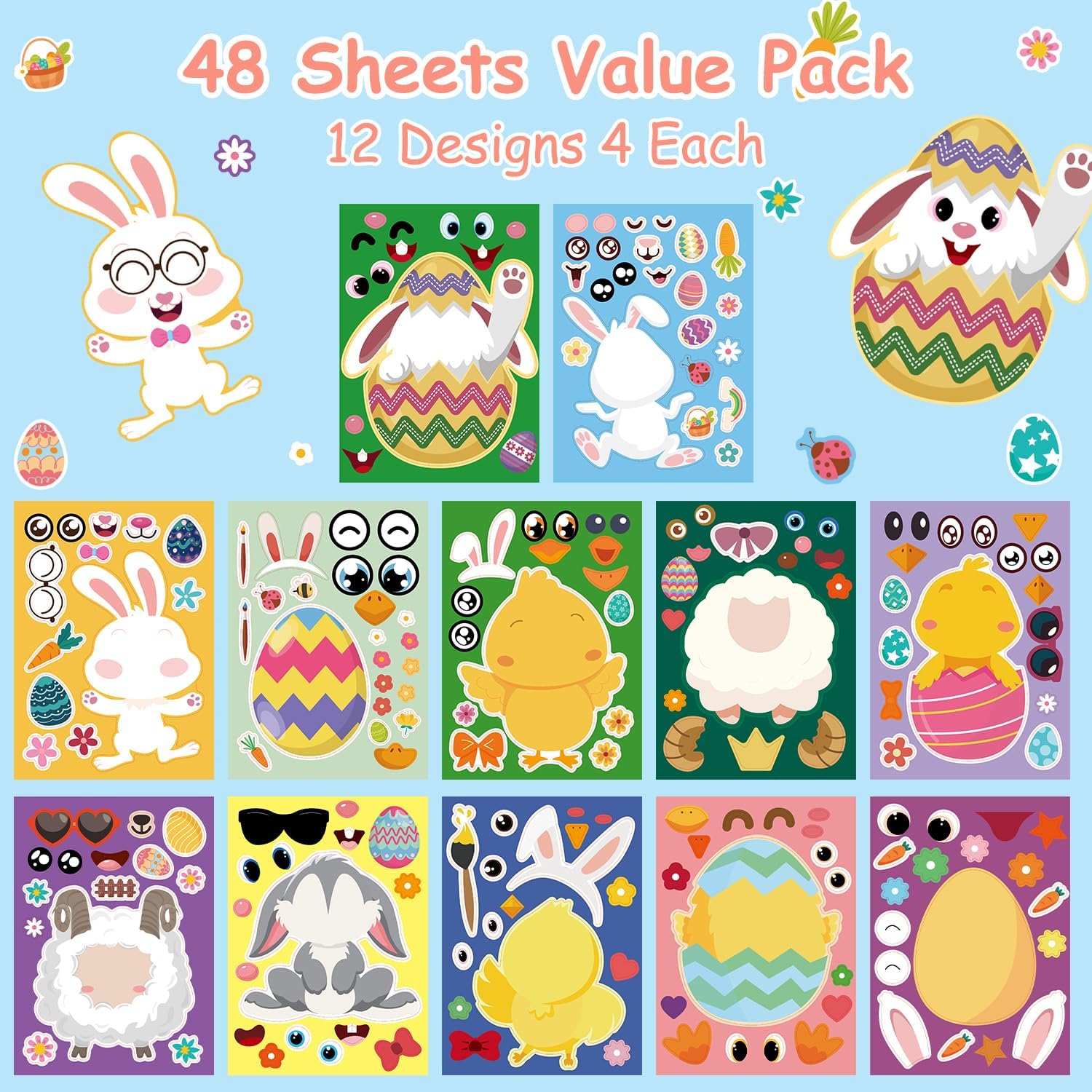 Aowplc 48 Pcs Easter Make-a-Face Sticker Sheets, 8”x 6" Mix and Match Stickers with Animals & Eggs for Kids’ Easter Basket Stuffers, Crafts, Party Favors