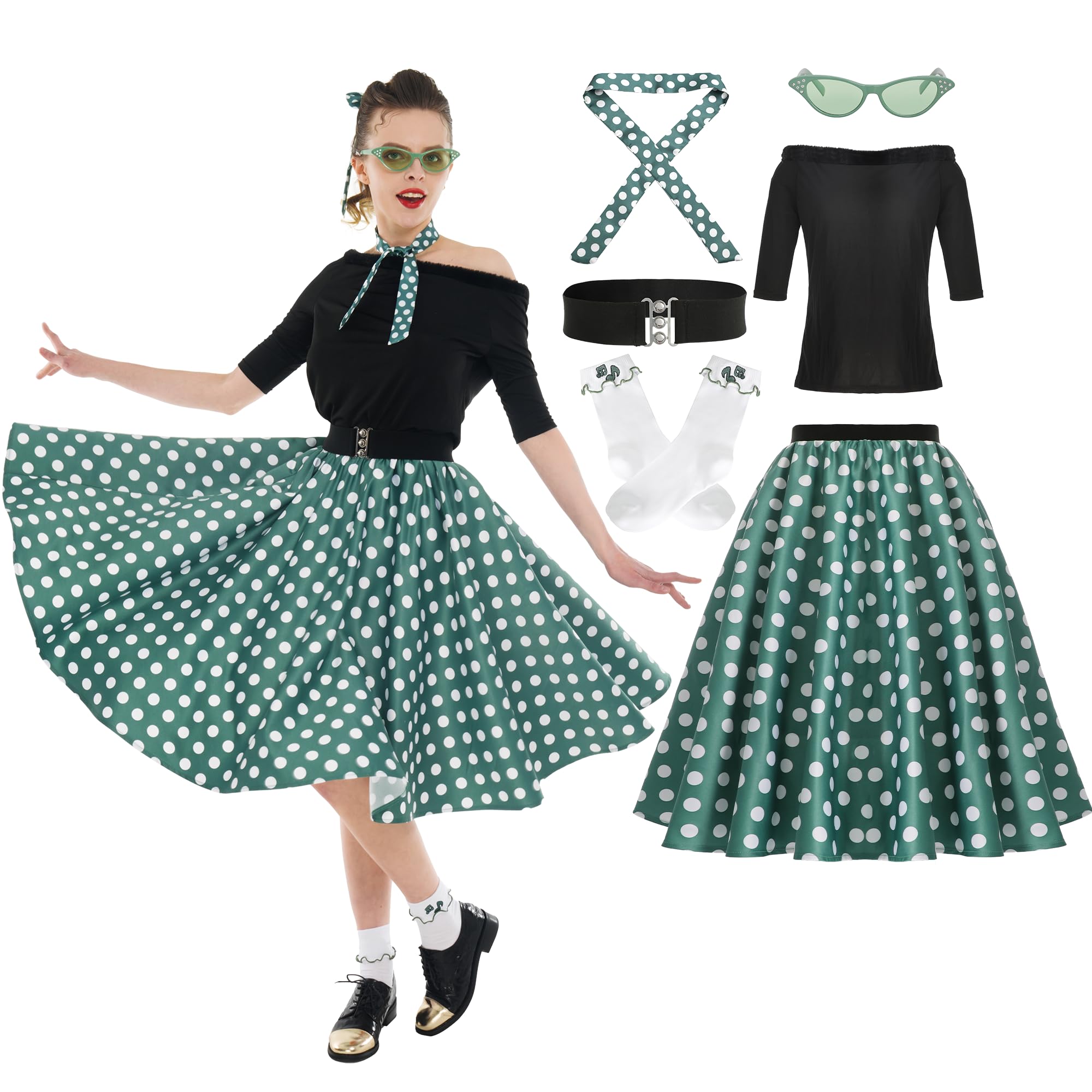Leadtex Sock Hop Outfits Women, 1950s Poodle Skirts, Poodle T-Shirt with 50s Accessories Socks Scarf Belt Eye Glasses (Green,S)
