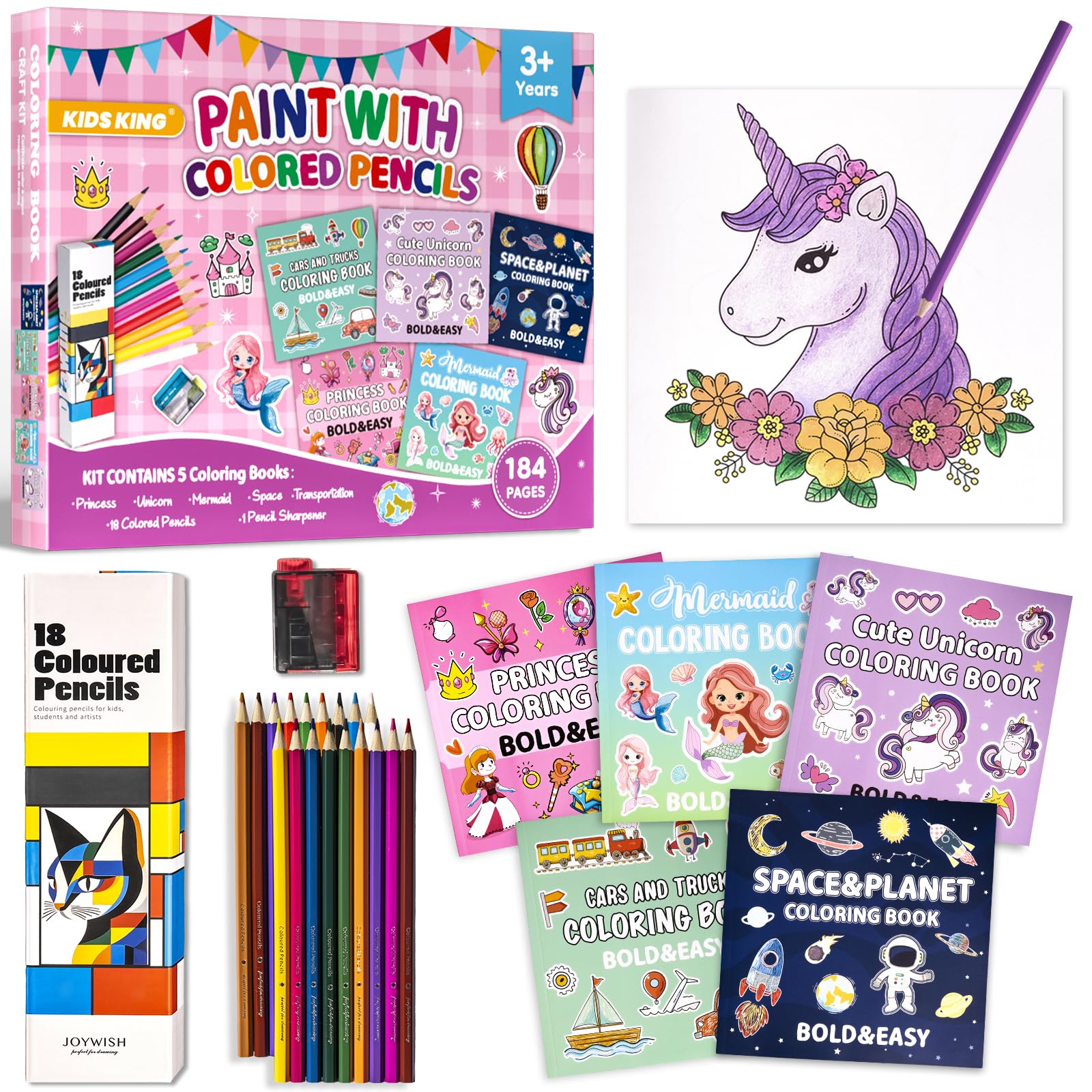 KIDS KING Coloring Book Kit, 5 Themes: Princess | Unicorn | Mermaid | Space | Transportation, Contains Colored Pencils Cute Styles for Painting, Arts & Crafts for Adult and Younger
