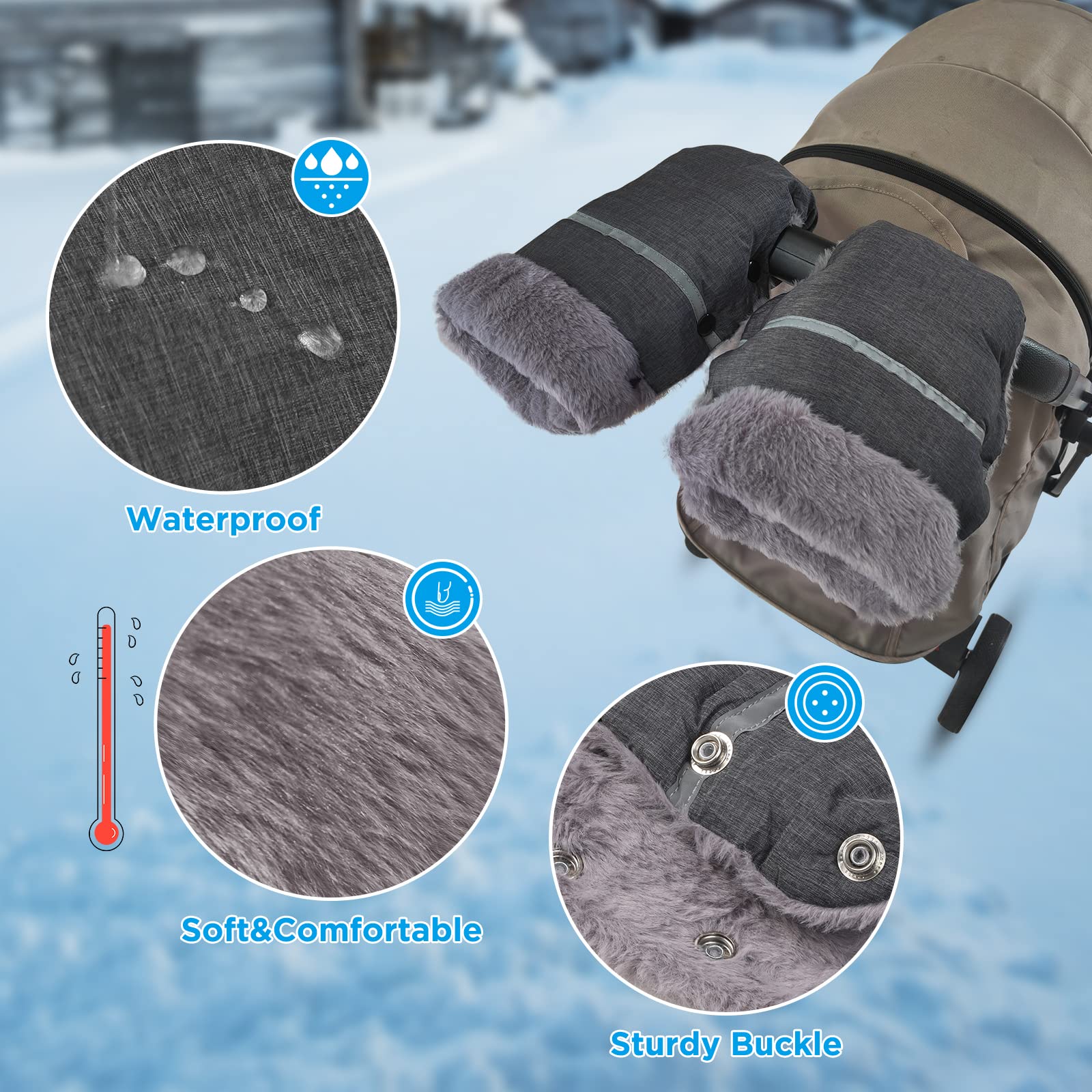 WD&CD Handmuff, uniwersalne rękawice buggy do wózka dziecięcego, wodoodporne i wiatroszczelne, z podszewką polarową, do wózka dziecięcego z ochraniaczem, szary
