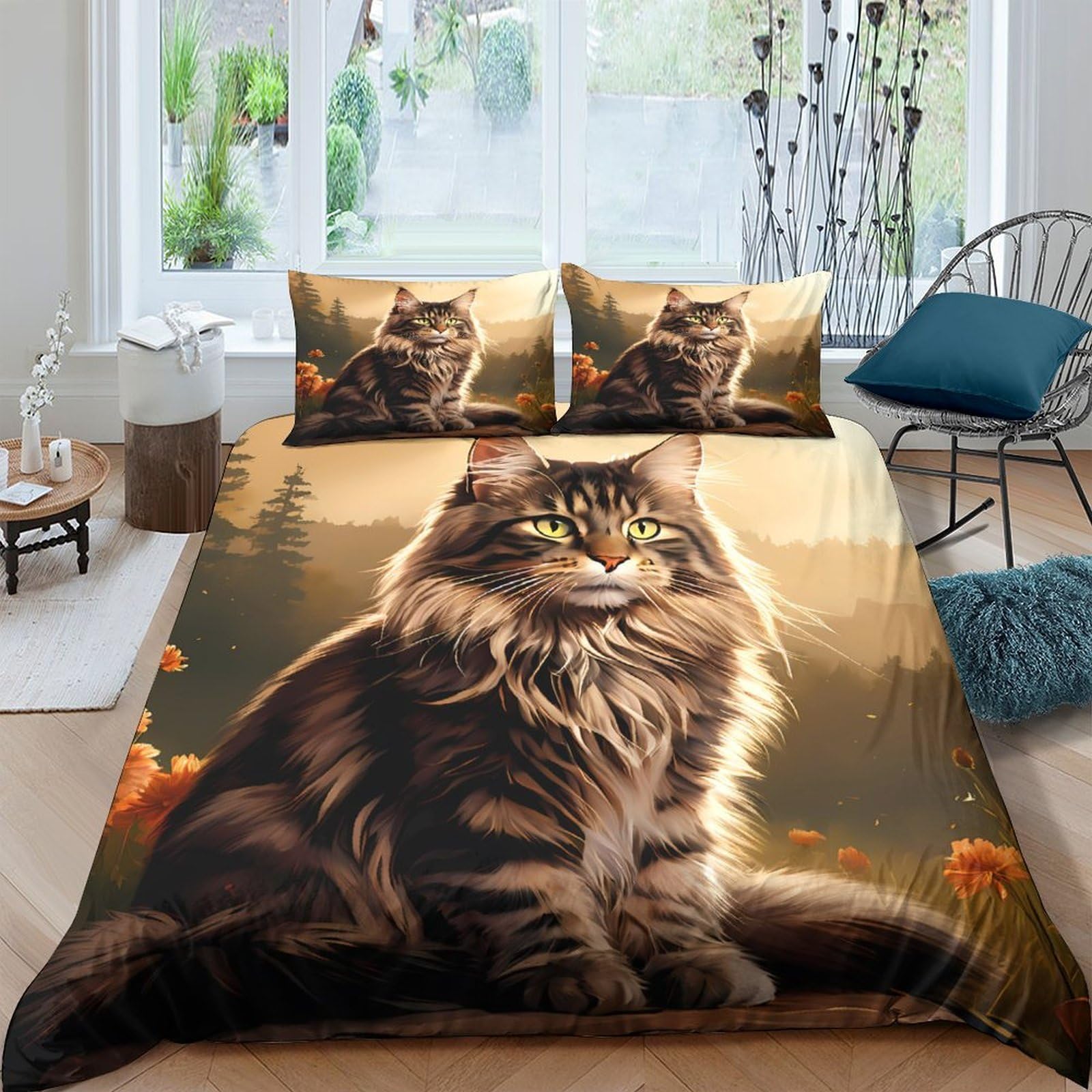 GPLZQXKJNH 3D Printed Fluffy Cat Portrait Duvet Cover Microfiber Soft Breathable Orange Tabby Bedding Set with 2 Pillowcases for Bedroom Decor Single（135x200cm）