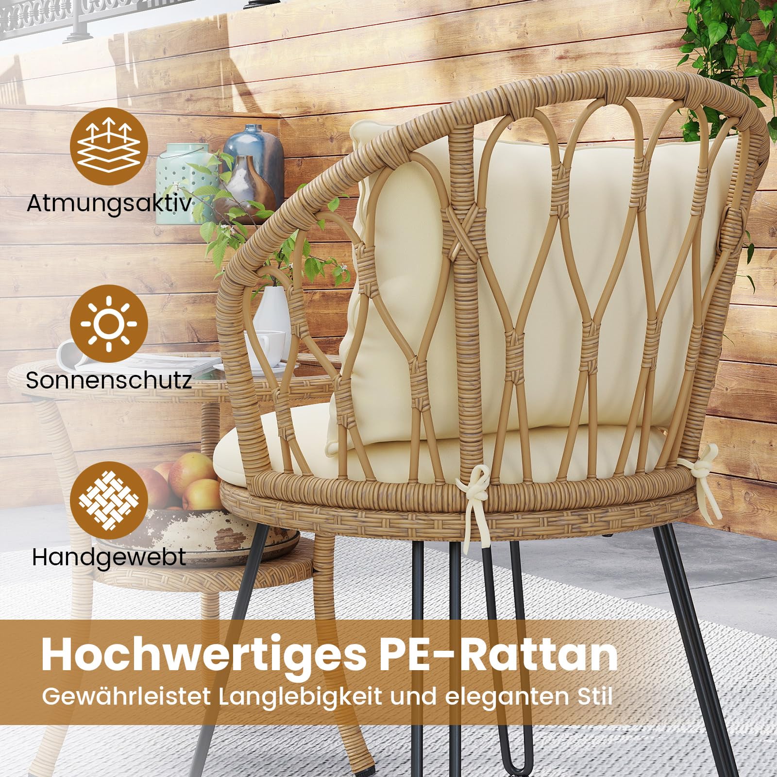 COSTWAY Zestaw mebli ogrodowych rattanowych, meble balkonowe, mały balkon, 3-częściowy zestaw balkonowy z 2 krzesłami z poduszkami i stołem, meble tarasowe, zestaw mebli ogrodowych dla 2 osób, zestaw