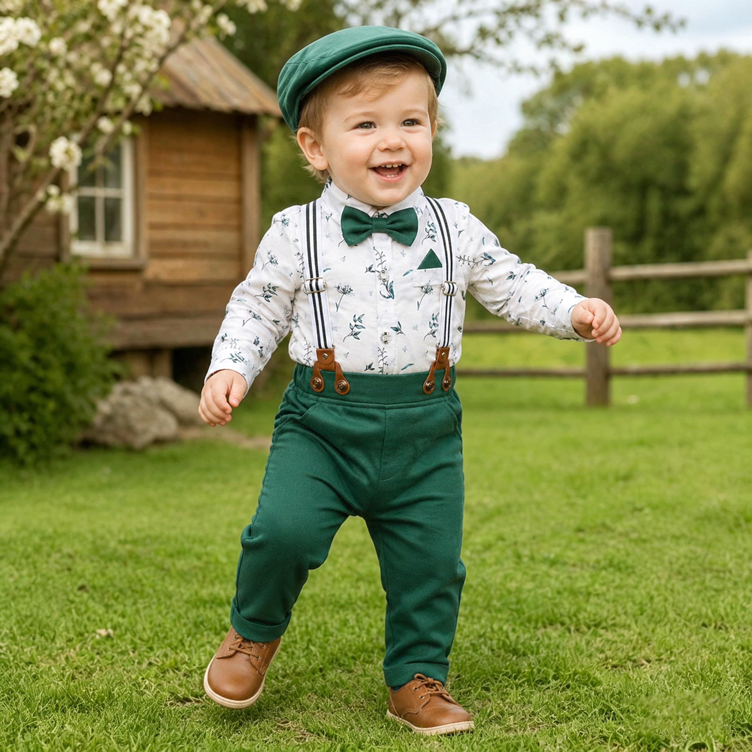 Volunboy Bebé Niño Caballero Conjunto, Cuadros Camisa con Pajarita + Tirantes Pantalones 5 Piezas Traje Ropa(18-24 meses,Tamaño 90,Verde)