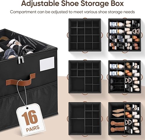 Miniatura 3 de Organizador de zapatos para armario, paquete de 2 contenedores de almacenamiento de zapatos con divisores ajustables, contenedores organizadores de