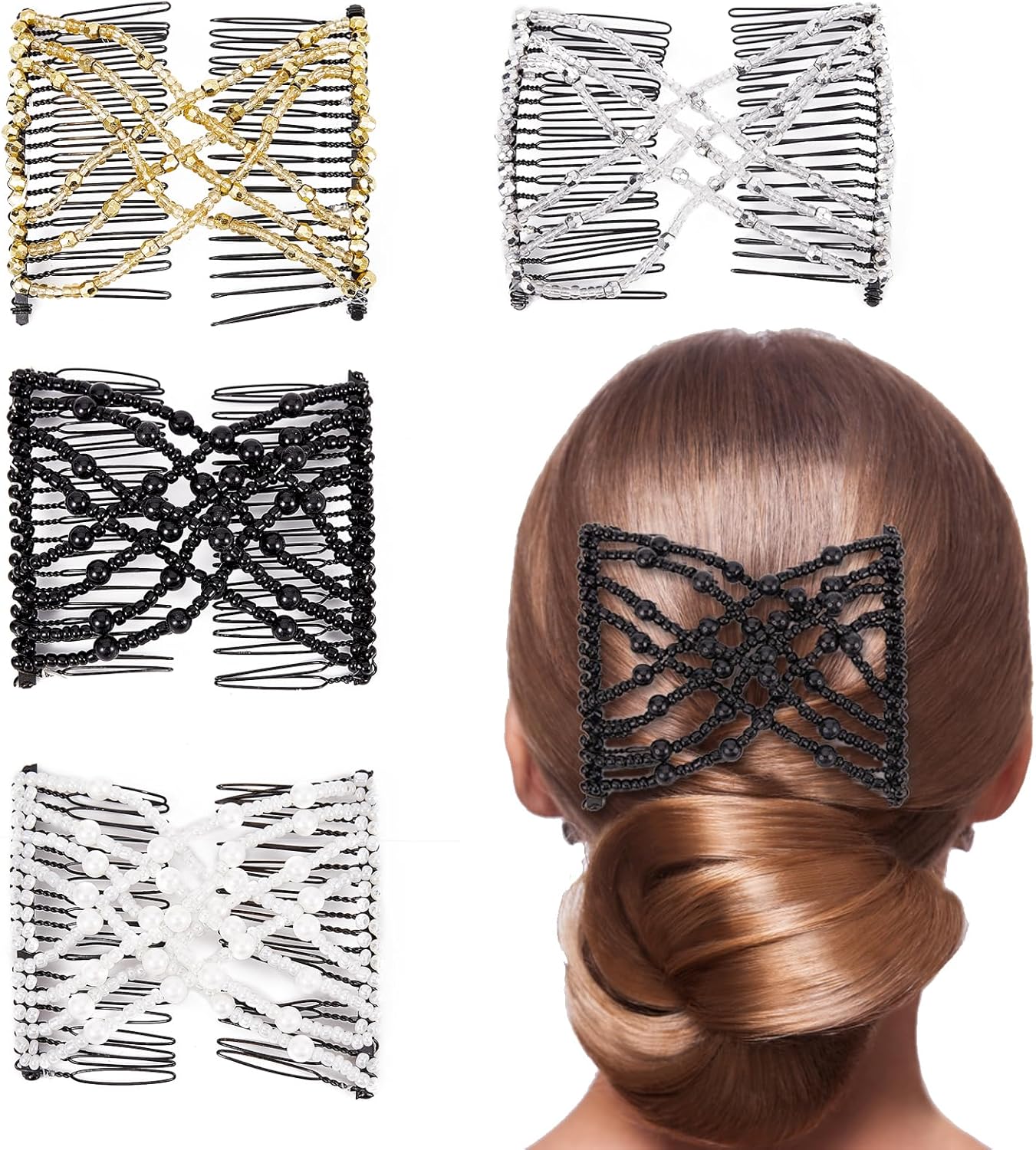 NICENEEDED 4 PCS Magic Hair Combs, Double Slides Elastic