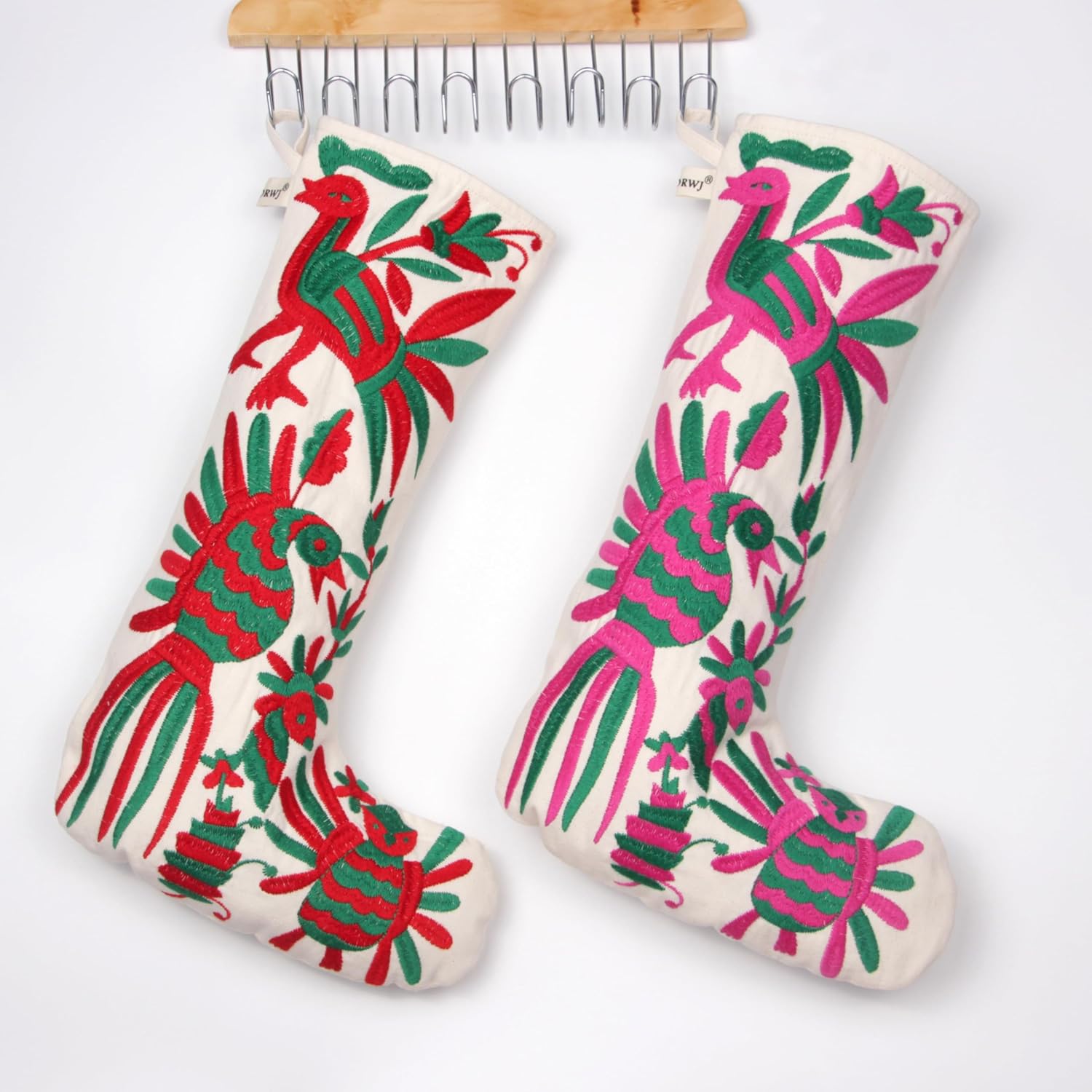 YZXDORWJ 2 Pack Mexican Embroidered Christmas Stockings 18 Inches Otomi Animals Colorful Floral for Family Holiday Decor (GR+GMR)