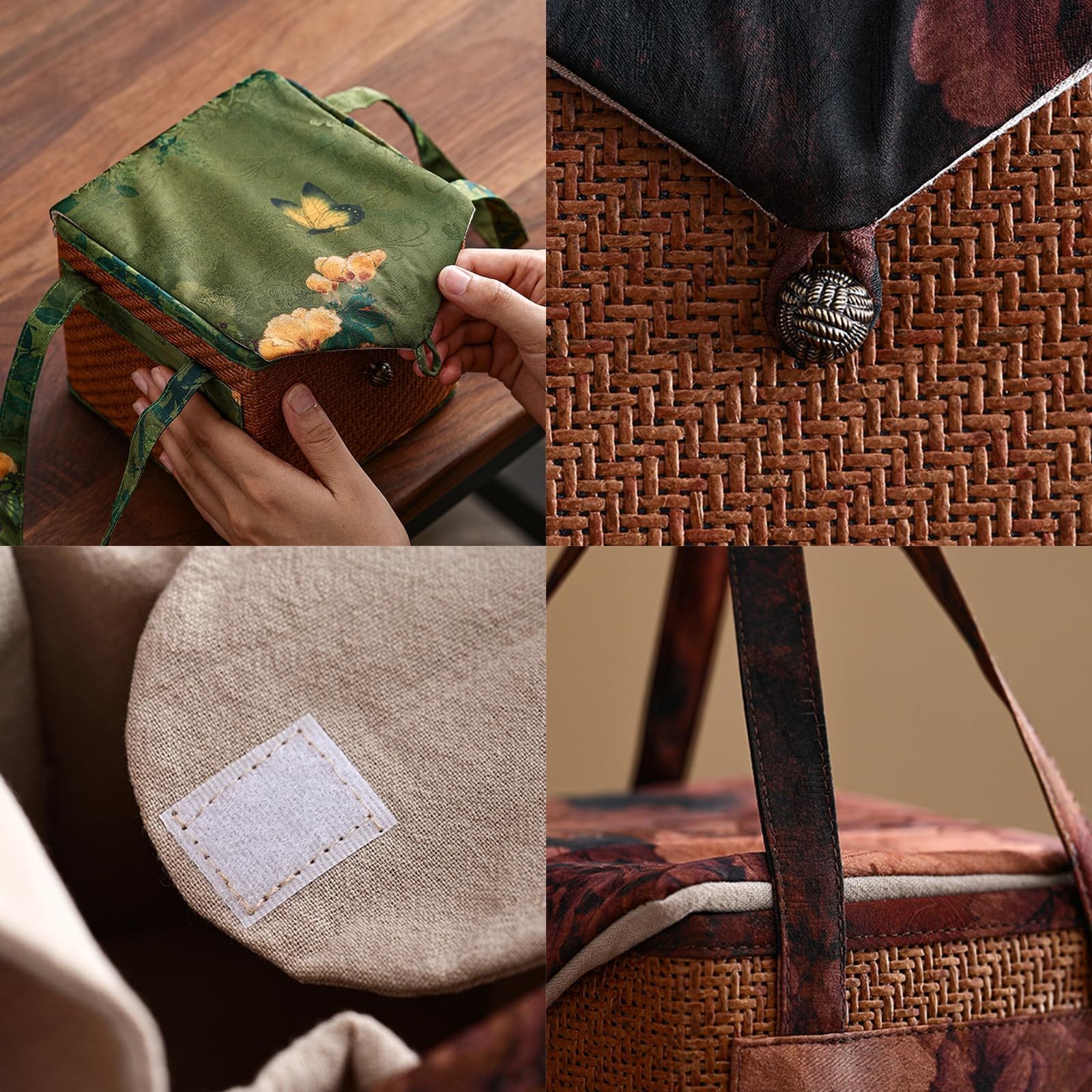 Borsa Da Viaggio Per Set Da Tè Artigianale, Con Bottoni Vintage, Cesto Quadrato Per Stoviglie Da Tè Con Coperchio,Verde,14.3 * 14.3 * 13.5 cm