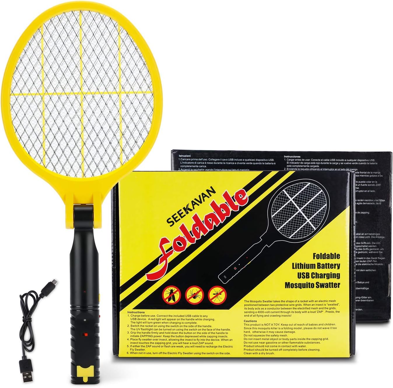 Fly Zapper, Fly Swatter Foldable USB Rechargeable Bug Zapper Electric Mosquito Zapper Racket for Home, Outdoor, Garden, Office, Yellow, LED Light, 4200 Volts