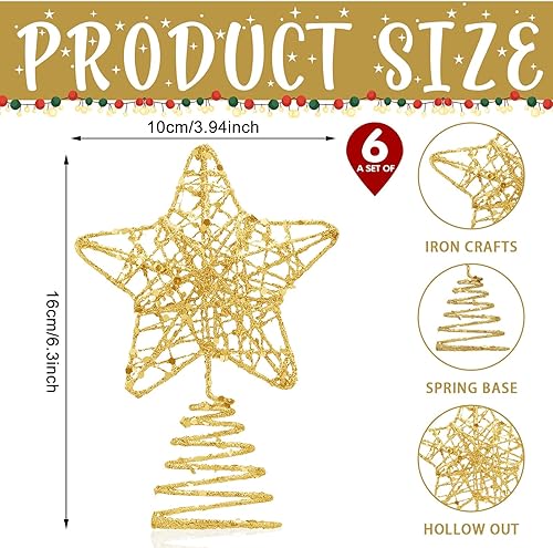 Miniatura 2 de Hiboom 6 adornos de estrella para árbol de Navidad con purpurina dorada de 3.15 pulgadas, estrella hueca para decoración de fiestas en interiores