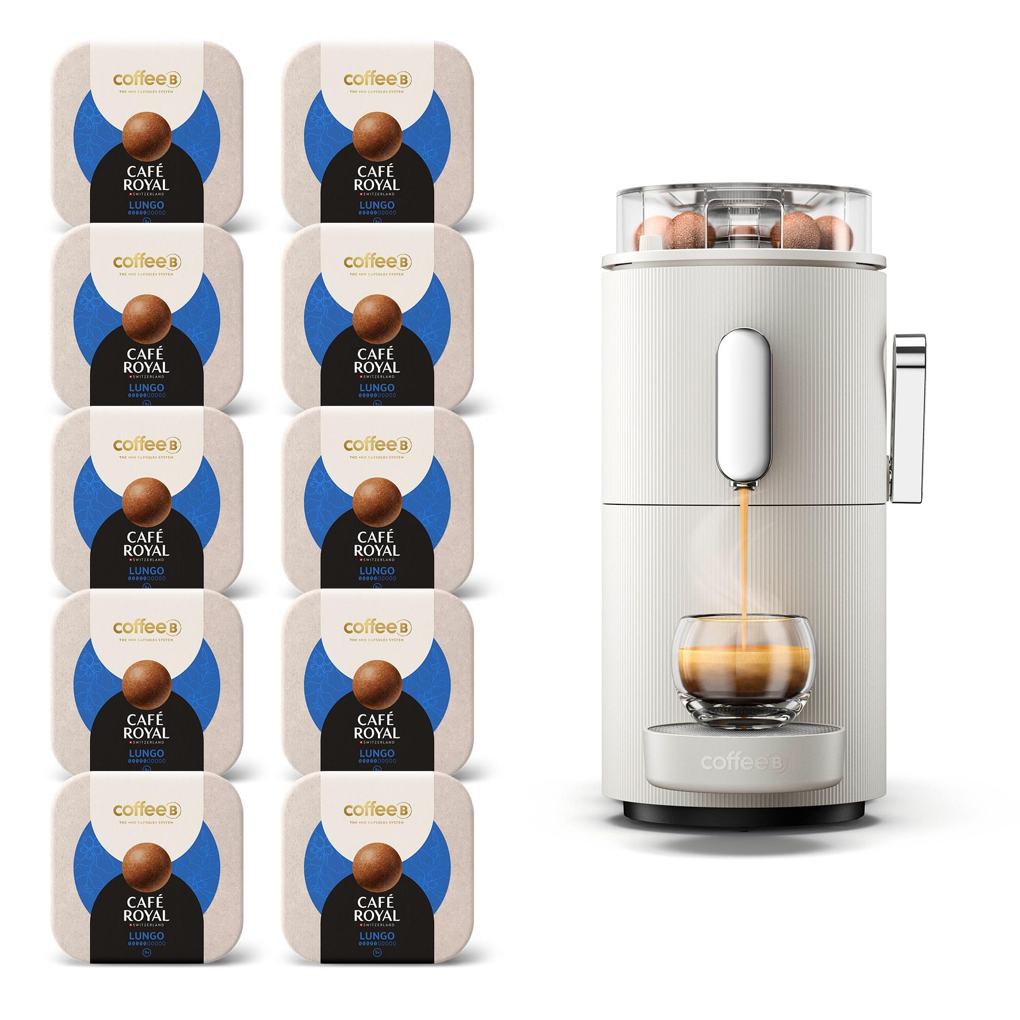 CAFE ROYAL SWITZERLAND PROFESSIONAL Machine à Café CoffeeB Globe Blanc 1.3L avec 90 Coffee Balls Lungo - 100% Compostables