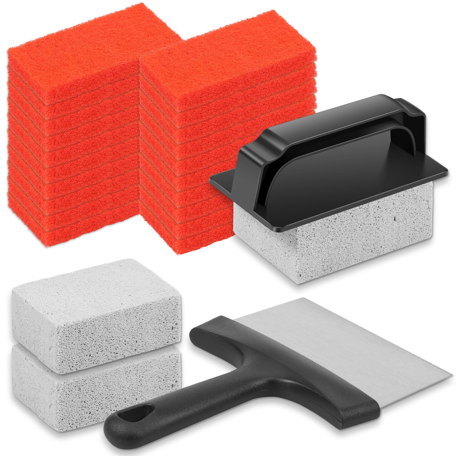 bigjvbfv 25 Pcs Griddle Cleaning Kit with Griddle Scraper Scouring Pads Cleaning Stone and Handle, Flat Top Grill Cleaner Kit with Scraper, Multipurpose Grill Cleaner Set for Grills