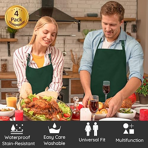 Miniatura 9 de Paquete de 4 delantales de chef, delantal impermeable, delantal ajustable con 2 bolsillos para hombres y mujeres, delantal profesional para cocina,