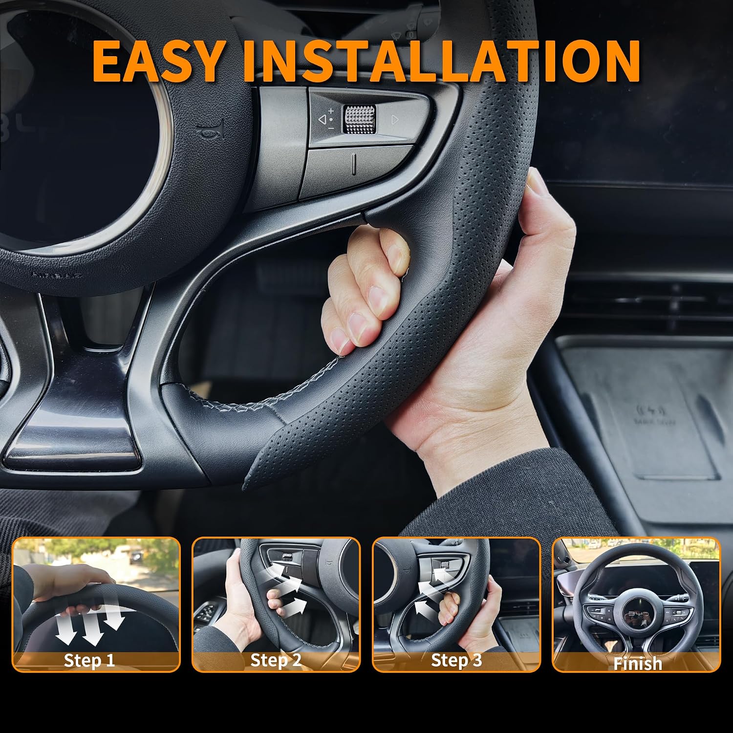 Nappa Leather Steering Wheel Cover, Universal 15 Inch Snap On Car Steering Wheel Cover for Men/Women, Comfortable & Breathable Microfiber Car Accessories Interior (Black)