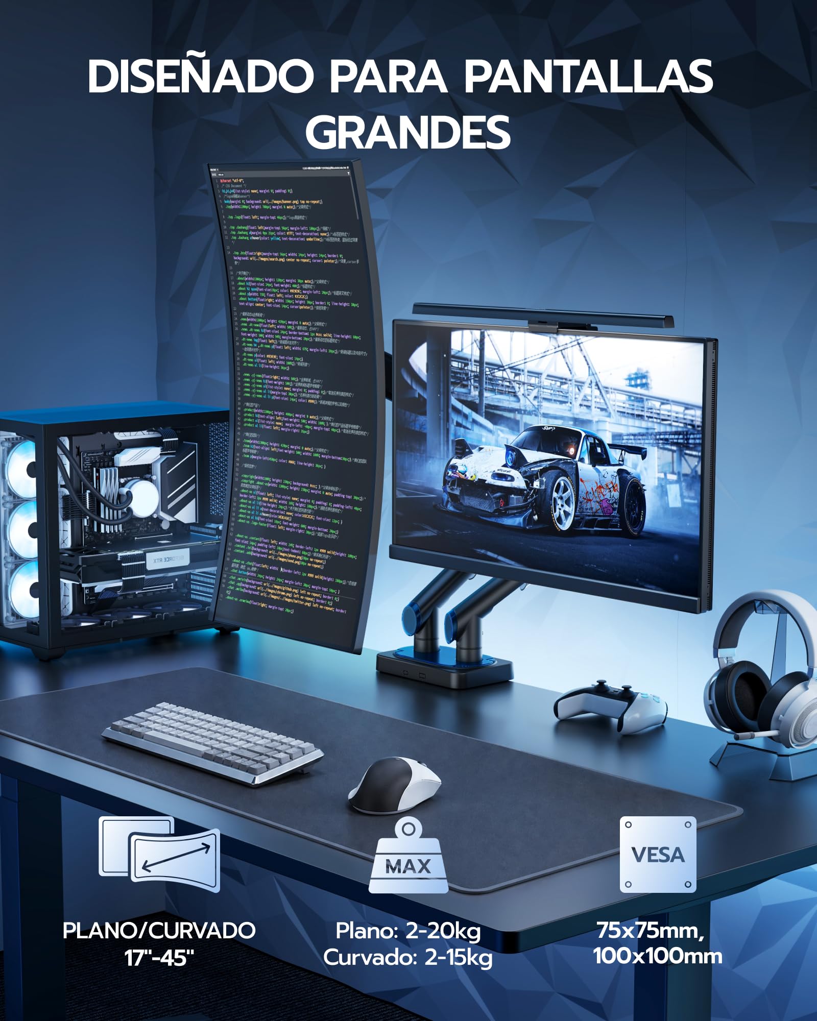 ARES WING Soporte de monitor para 2 monitores para pantallas planas y curvas de 17–45 pulgadas, Negro