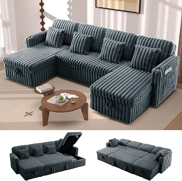 107 Sectional Sleeper Sofa with Pull Out Bed, Storage Chaise, Adjustable Backrest, USB Charger, Cup Holder & Side Pocket, Fluffy Soft Corduroy U Shaped Couch for Living Room, Dark Grey