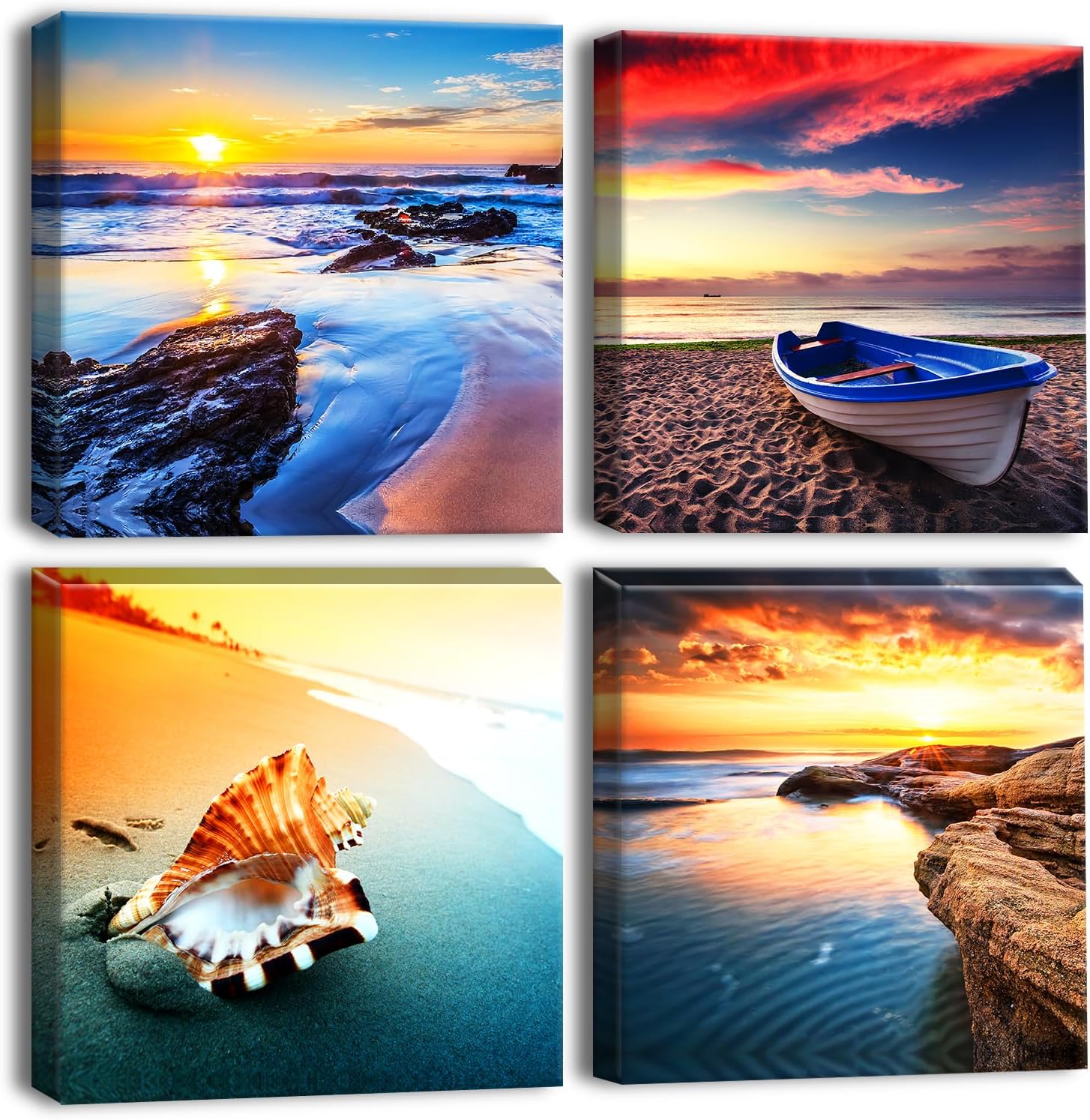 Artscope 4 Pieces Wall Art Canvas Prints - Sunset Seaside Scenery Picture Painting- Modern Wall Artwork Framed for Bathroom Home Office Decor - 30 x 30 CM
